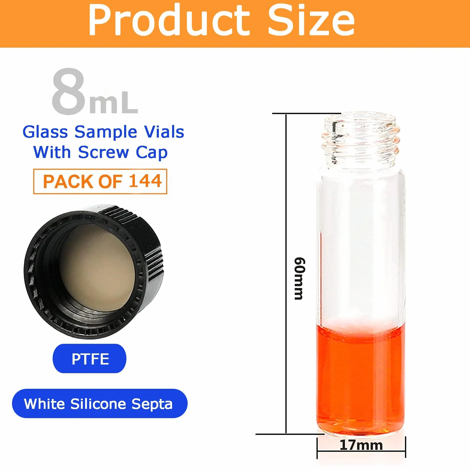 144 Pezzi Flaconi Campioni Vetro Trasparente 8ml con Tappo a Vite PTFE Naturale/Fodera in Silicone Bianco 17x60mm
