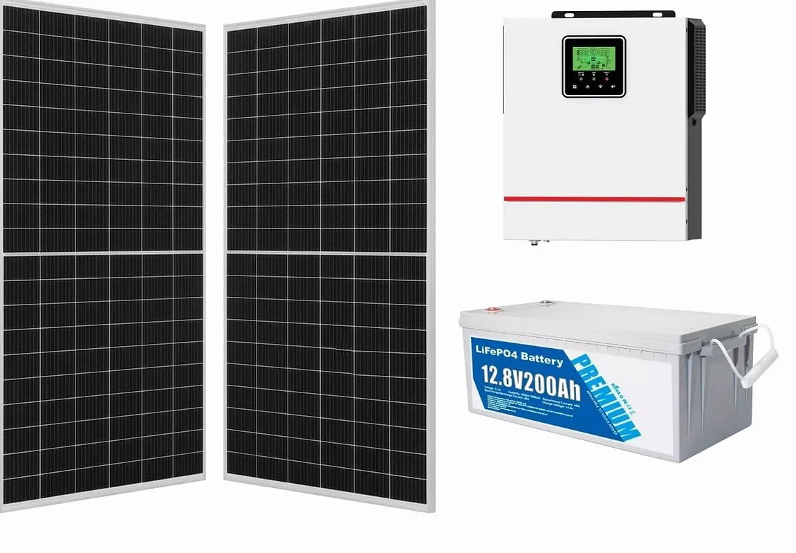 Kit Solare Off-Grid 820W, 2 Pannelli 410W 36V, Inverter Ibrido 12V 1.5kW con MPPT 80A, Batteria LiFePO4 12V 200Ah