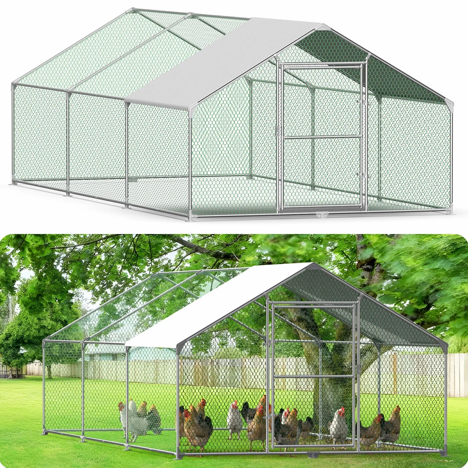 Pollaio per Galline da Esterno, Mangiatoia per Galline Rete per Pollaio con Serratura Gabbia in Metallo Zincato Tetto Ombreggiante Rivestito in PVC per Polli Conigli Piccoli Animali, 6x3x2m