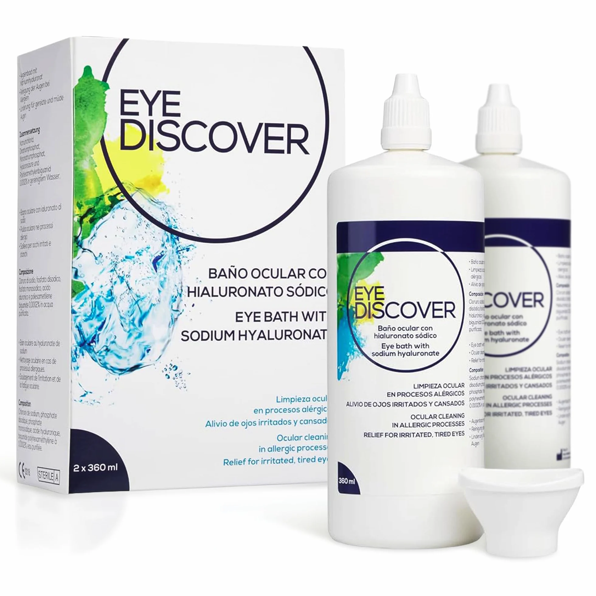 Bagno Oculare con Acido Ialuronico e Vaschetta Oftalmica per Idratazione e Pulizia Profonda degli Occhi, Soluzione Biocompatibile, 2 x 360 ml