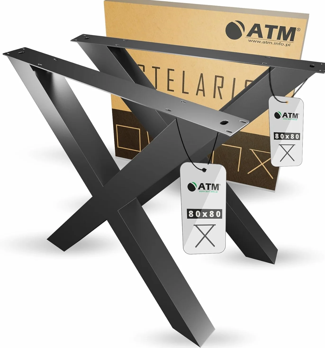 ATM® Piedi per Tavolo a Forma di X | 2 Traversine per Mobili | Profilo Metallico 80x80mm | Base Solida per Tavoli, Scrivanie e Piani di Lavoro | Struttura in Acciaio (Alt. 73 cm) | Nero Opaco