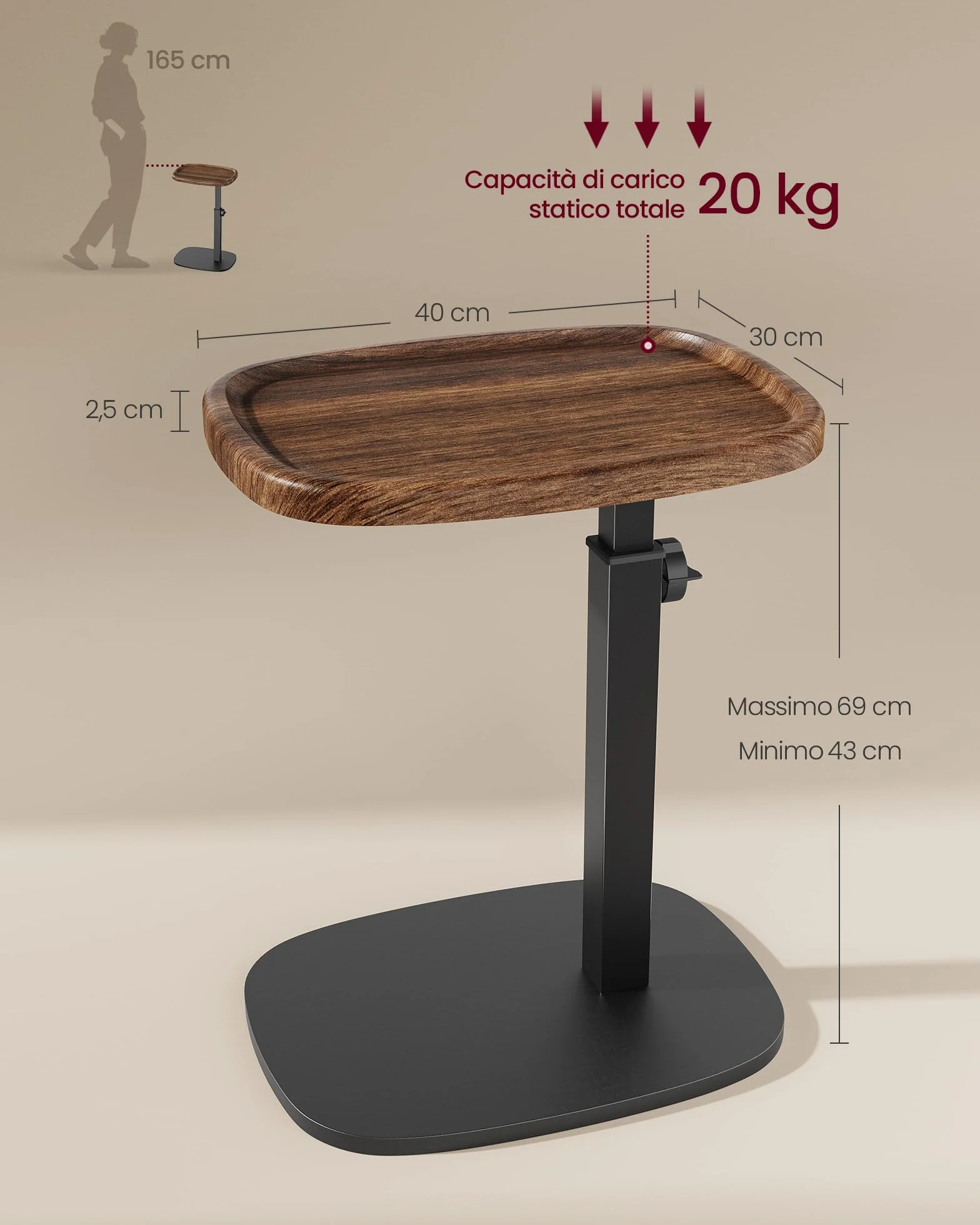 VASAGLE Tavolino a Forma di C Regolabile in Altezza 30 x 40 x 69 cm Marrone Noce e Nero Inchiostro