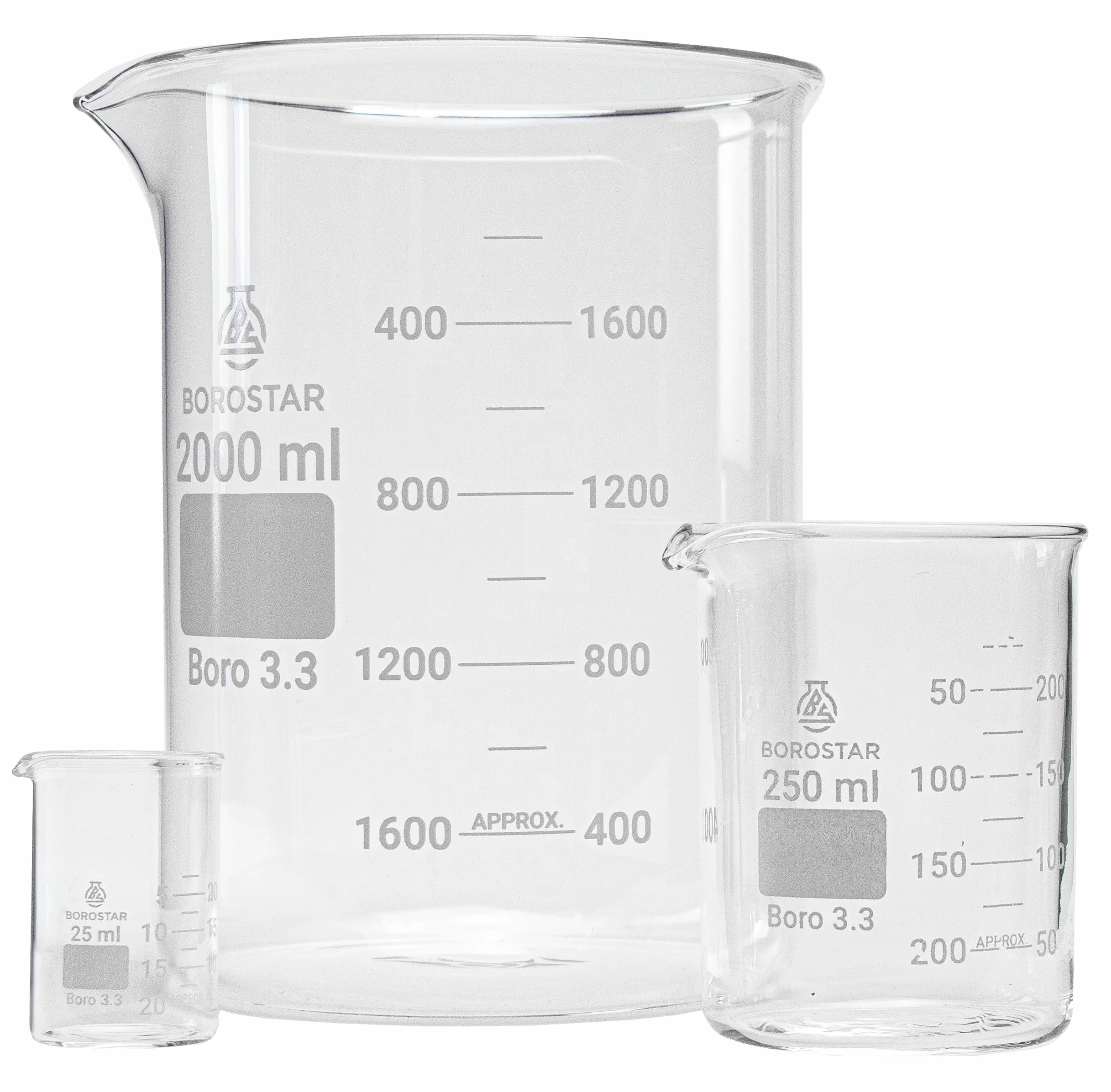 Bicchiere (Boro 3.3), forma bassa con graduazione e beccuccio, 25 ml