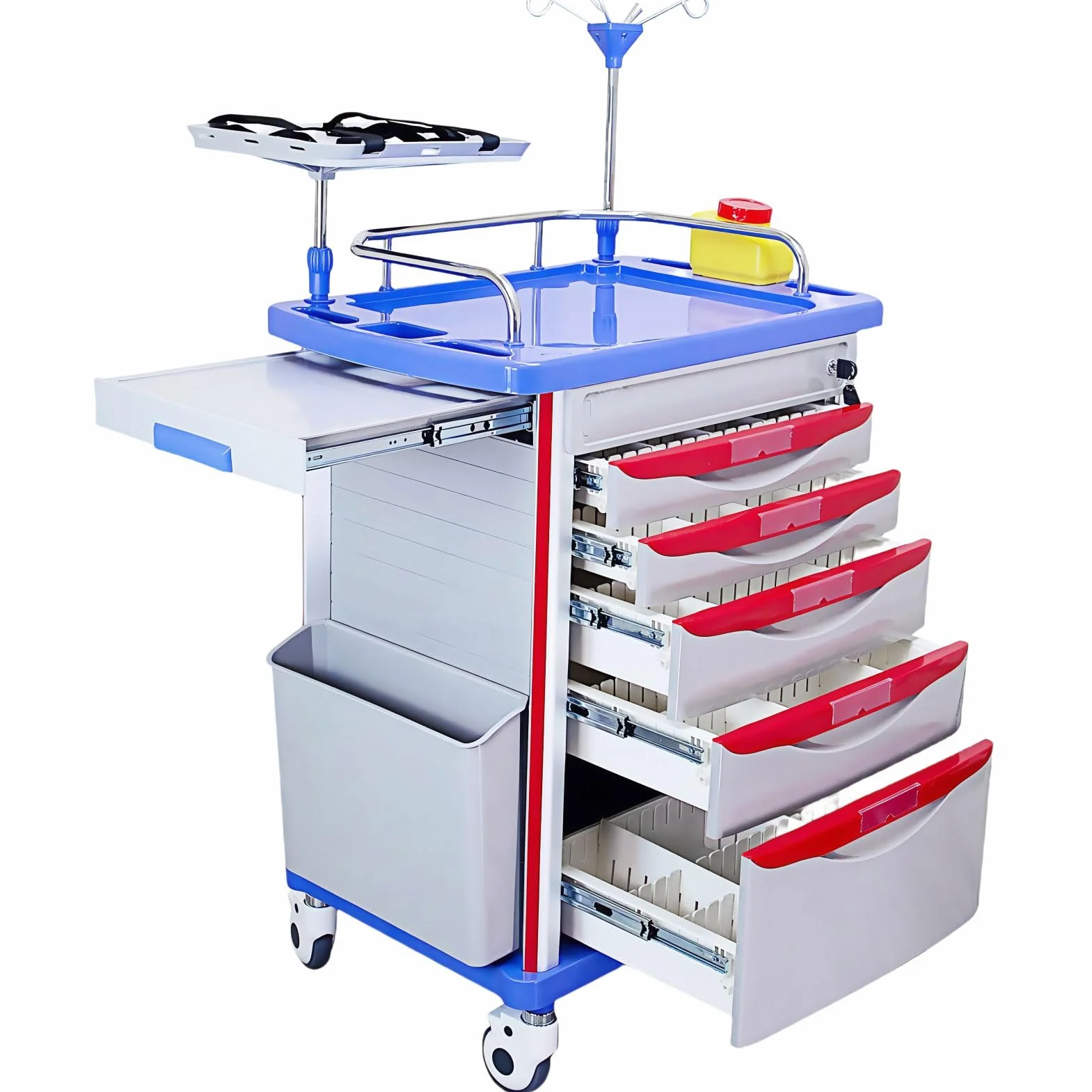 Carrello di incidente con accessori - carrello mobile per il trattamento di emergenza con palo IV, scheda cardiaca, O ₂ Portaserbatoio, cestino e cassetti per centro infermieristico clinico