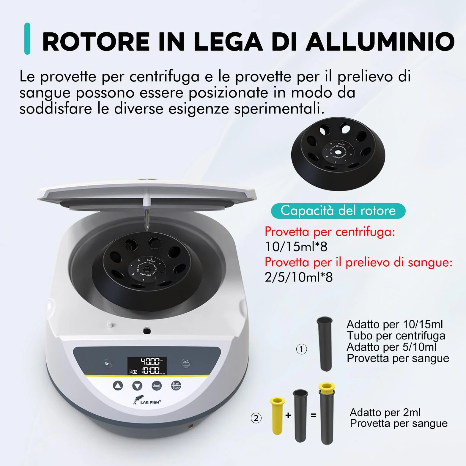 LABFISH PRP Centrifughe da Laboratorio Capacità 8x2/5/10/15ml Tubi per centrifuga, controllo a bassa velocità 500-5000r/min, Max 3074xg RCF, gamma di timer per medico/sangue/siero/plasma