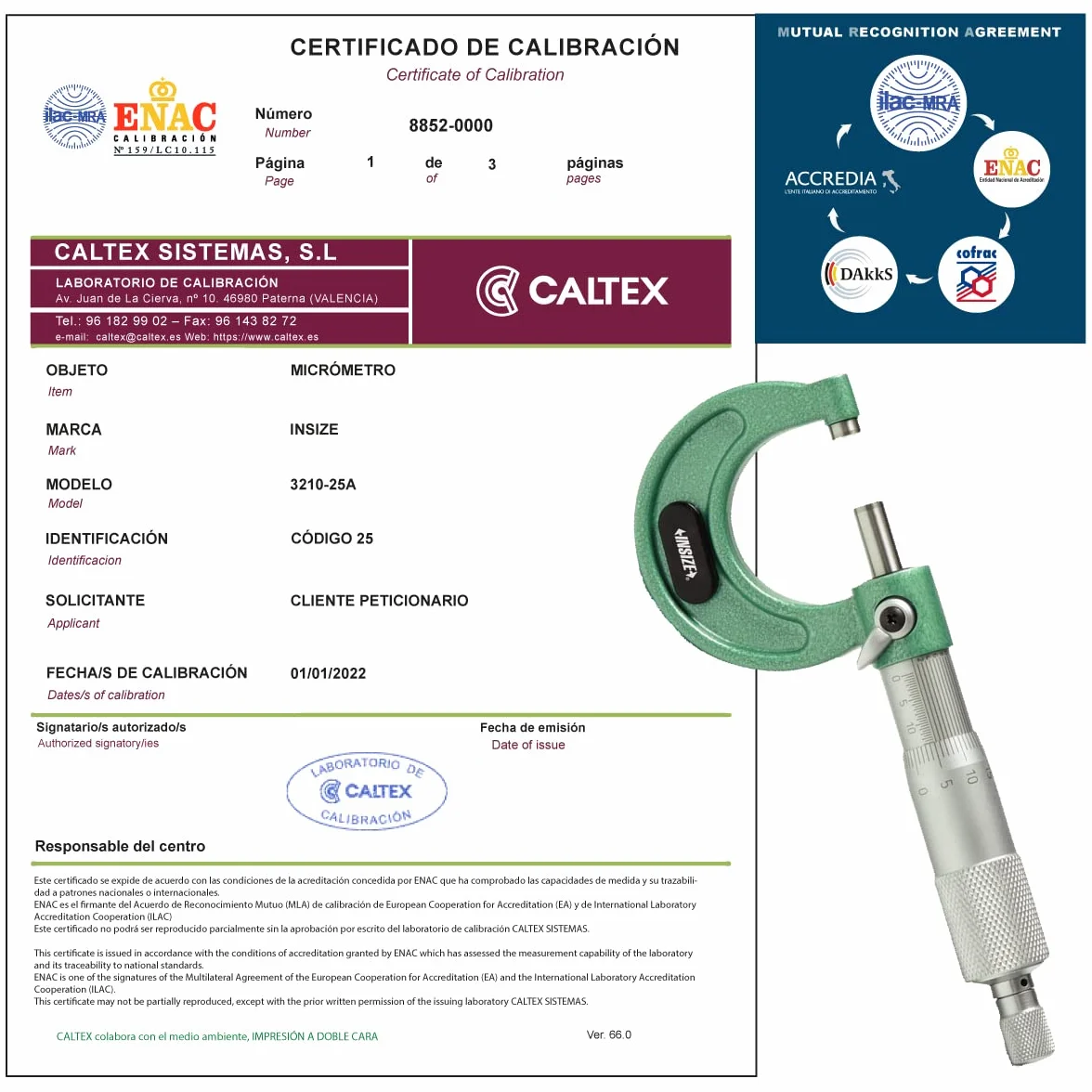 Micrometro tarato INSIZE 3210-25A con Certificato di Taratura Acreditato LAT (accettato da ACCREDIA)