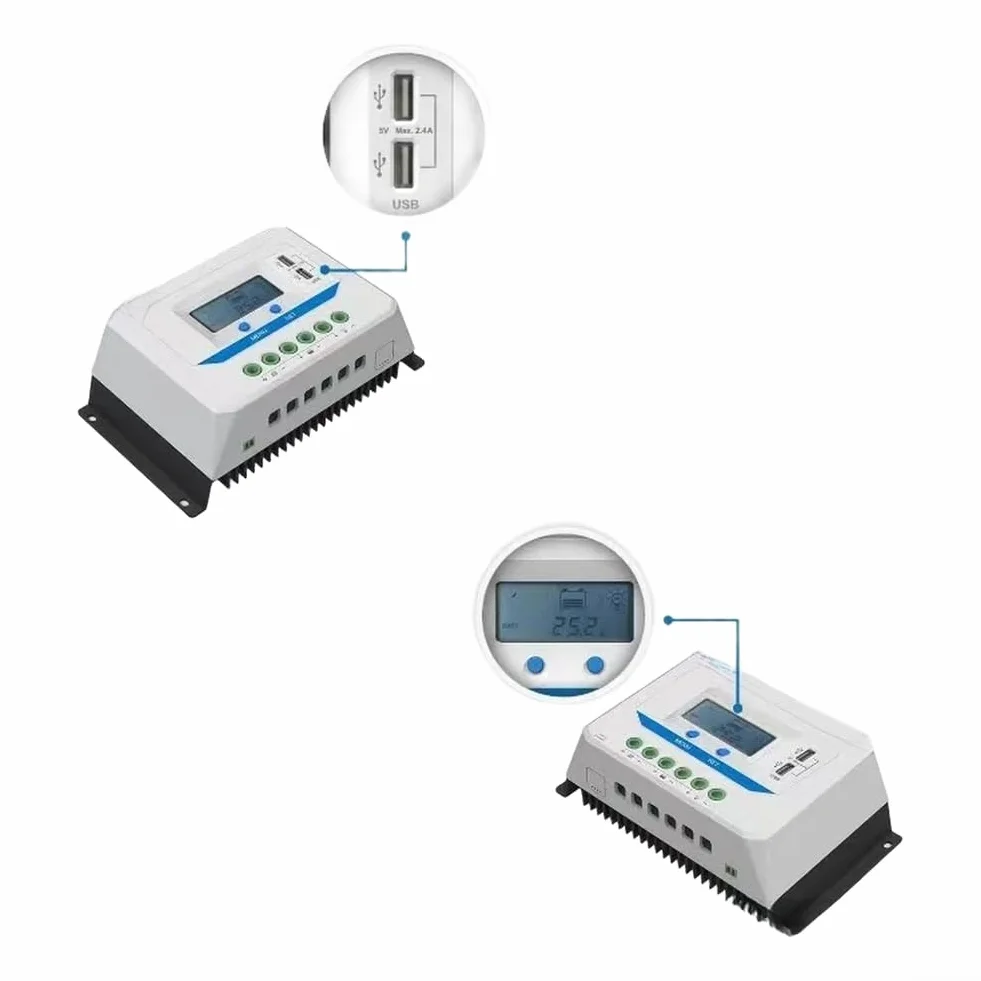 Regolatore di carica solare 12 V/24 V per PWM con display LCD e due porte USB, compensazione automatica della temperatura per camper, campeggio, barche e sistemi di alimentazione solare (45 A)