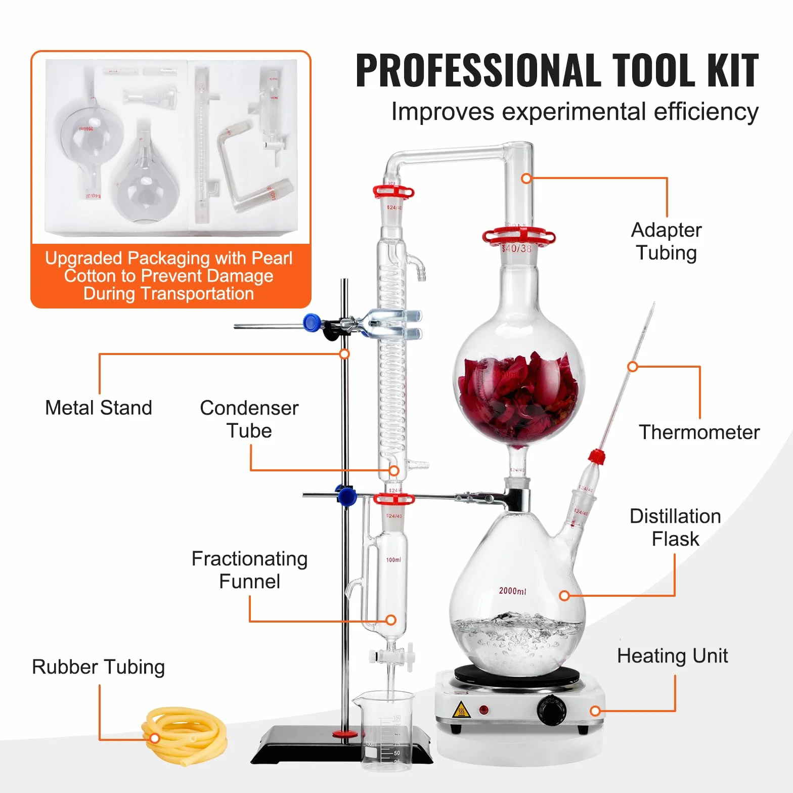 VEVOR Kit di distillazione di oli essenziali, 2000 ml, kit di distillazione di vetreria da laboratorio 3.3 Boro con piastra riscaldante da 1000 W e 24, 40 giunti, set da 28 pezzi