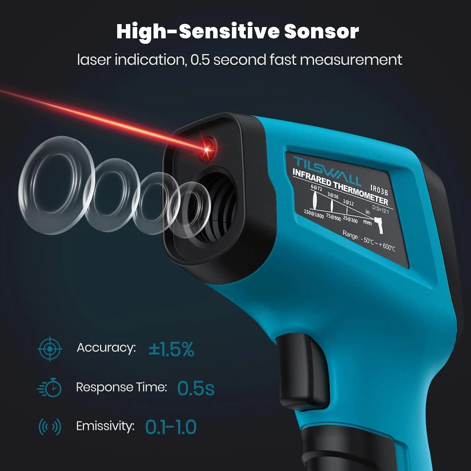 Tilswall Termometro Infrarossi Professionale -50°C~800°C con Sonda per Carne Display LCD a Colori