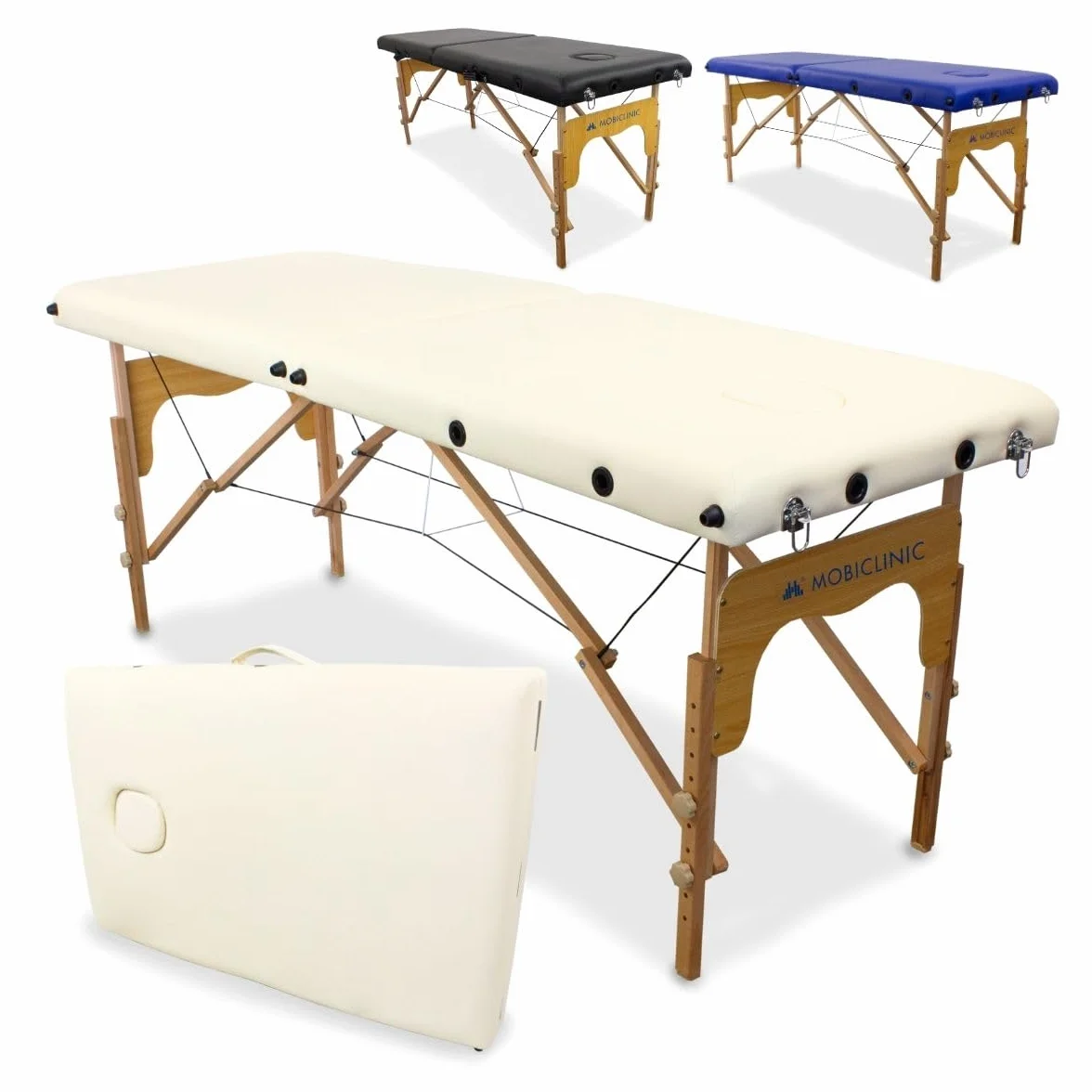 Mobiclinic®, Lettino per Fsioterapia, Massaggi, Estetica, CM-01 Basic, Marchio Europeo, Portatile, Pieghevole, Marcatura ce, Professionisti, Legno, 180x60 cm, Color crema
