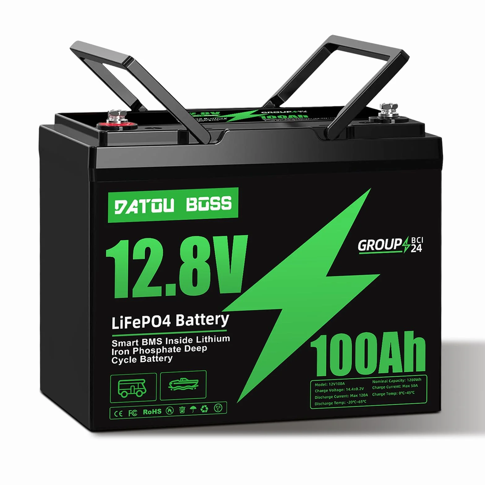 DATOUBOSS Batteria Litio 12V 100Ah, Batteria lifepo4 100ah con BMS 100A，Protezione a Basse Temperature, per Nautica, Caravane, Camper, Trolling Motors, Impianti Solari off-grid (12V-100AH-1PC)