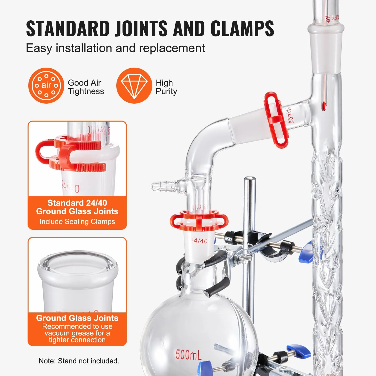 VEVOR Kit di Distillazione,14 Pezzi Kit di Vetreria da Laboratorio, Giunti 24/40 Kit di Distillazione da Laboratorio, 1L Kit di Vetreria per Purificatore in Vetro, per Essiccazione, Cristallizzazione