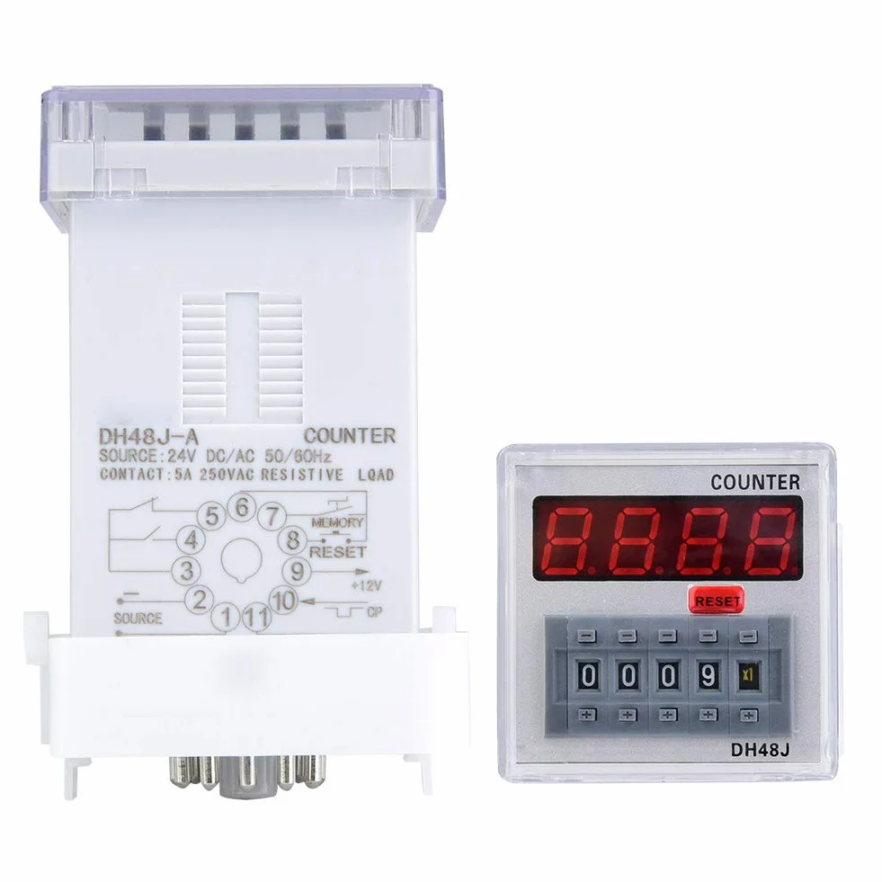 Relè Contatore Elettronico DH48J-A 24 V AC/DC ABS 1-999900 Pannello a 11 Pin Contatore o Reset Contatore con Display a LED, Relè Temporale Digitale