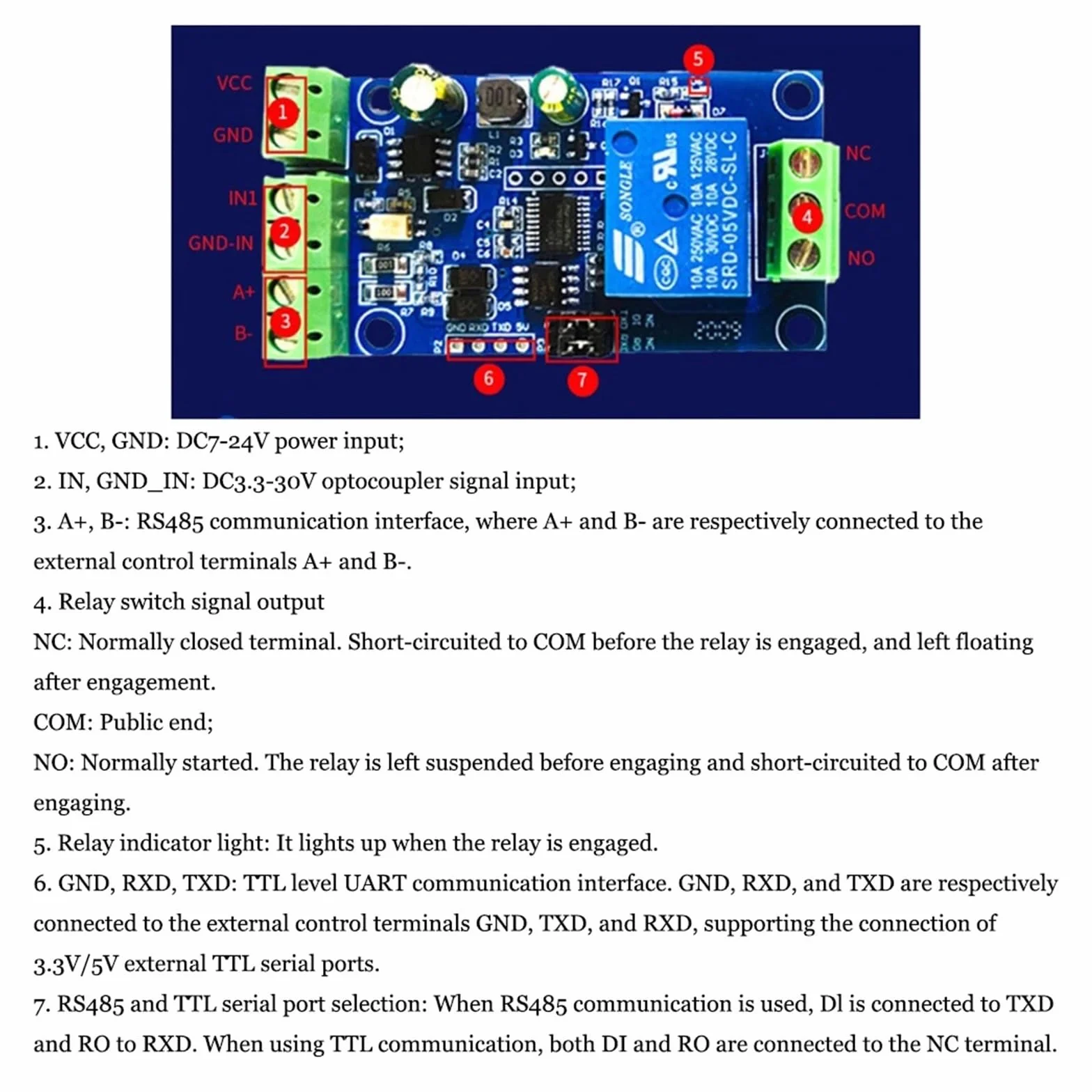 Modulo relè PLC Modulo relè Modbus RTU 1 canale Alimentazione DC7-24V RS485 TTL Uscita UART 485 Comunicazione TTL Pin Modbus-Rtu Anti-reverse