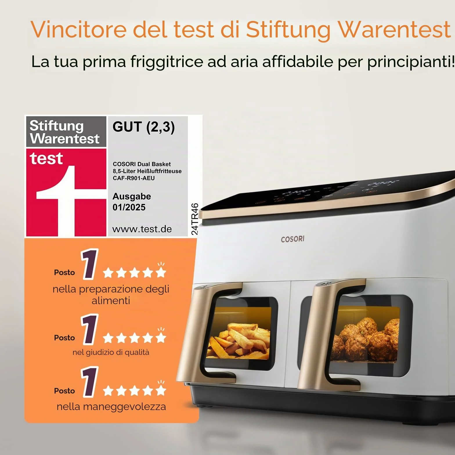 COSORI Airfryer, vincitore del test Stiftung Warentest, friggitrice ad aria calda 2 camere con finestra di visualizzazione, interno in metallo riduce il contatto in plastica