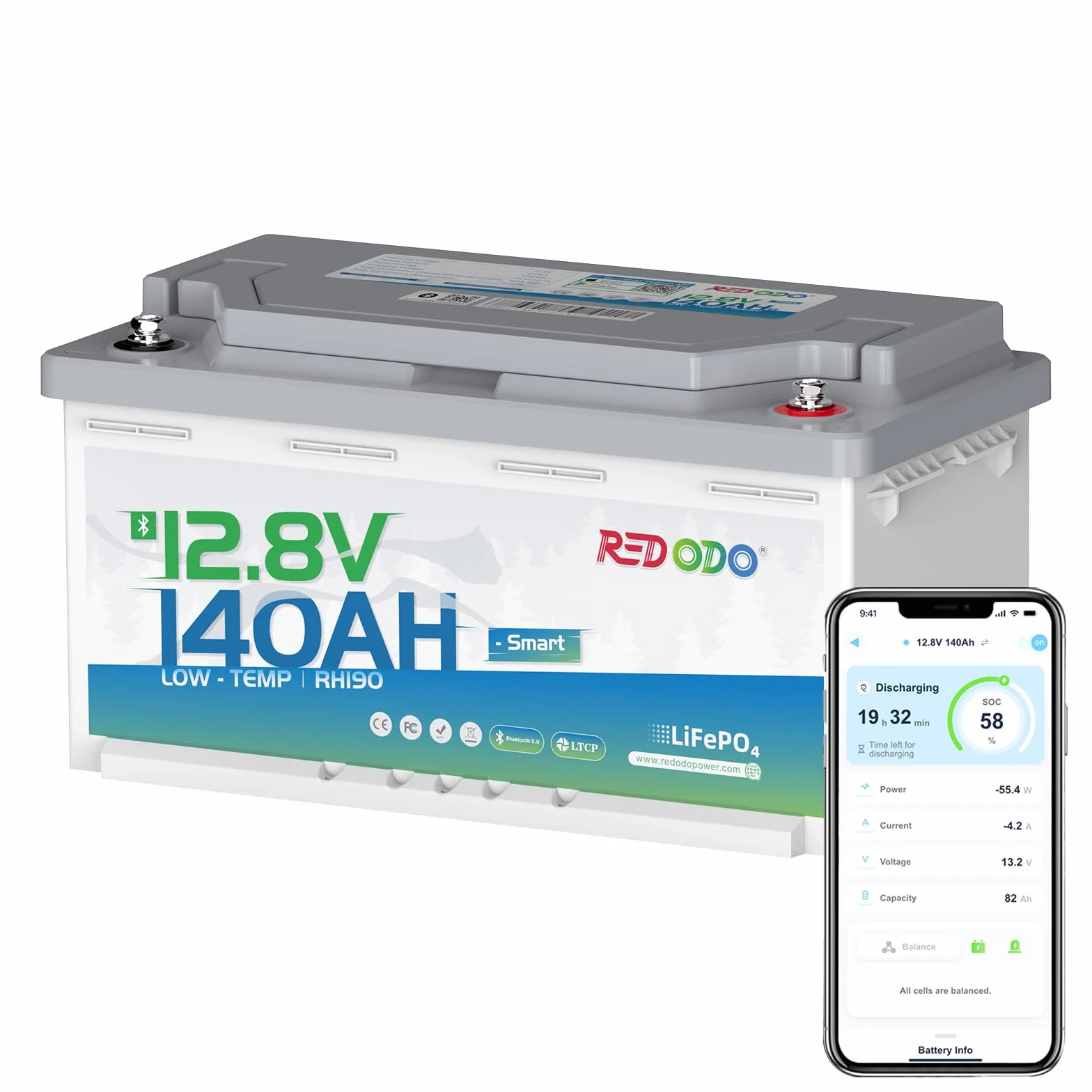 Redodo 12V 140Ah H190 Batteria LiFePO4 con Bluetooth 1792Wh Batteria Litio con Bassa Temperatura BMS 150A Stessa Dimensione +40% Capacità 10 Anni di Vita per Camper Trolling Motor e Sistemi Solari