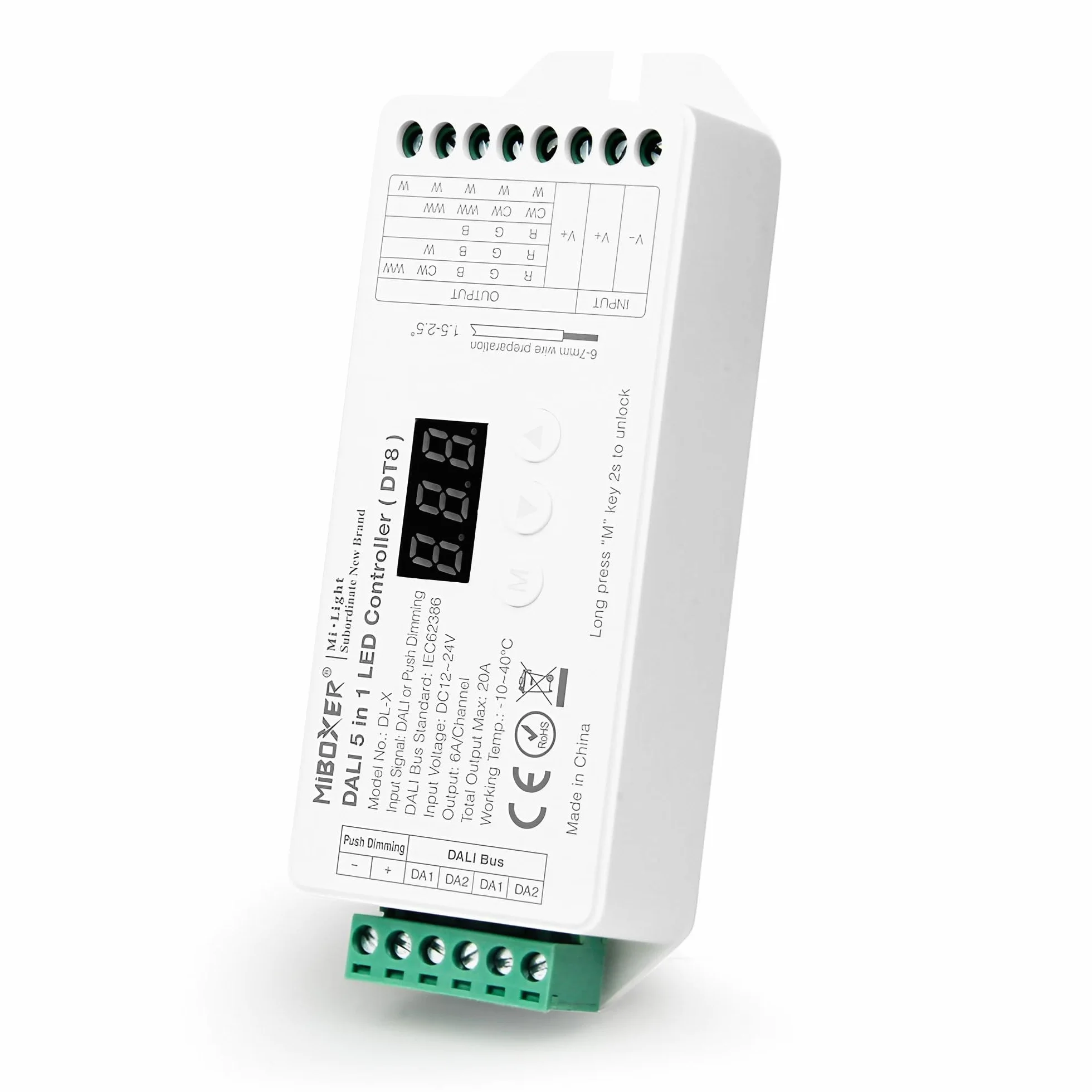 Controller 5 in 1 (DT8) DALI Signal or Push Dimming 12/24 V fino a 15 A, CCT, RGB, RGBW, RGB+CCT