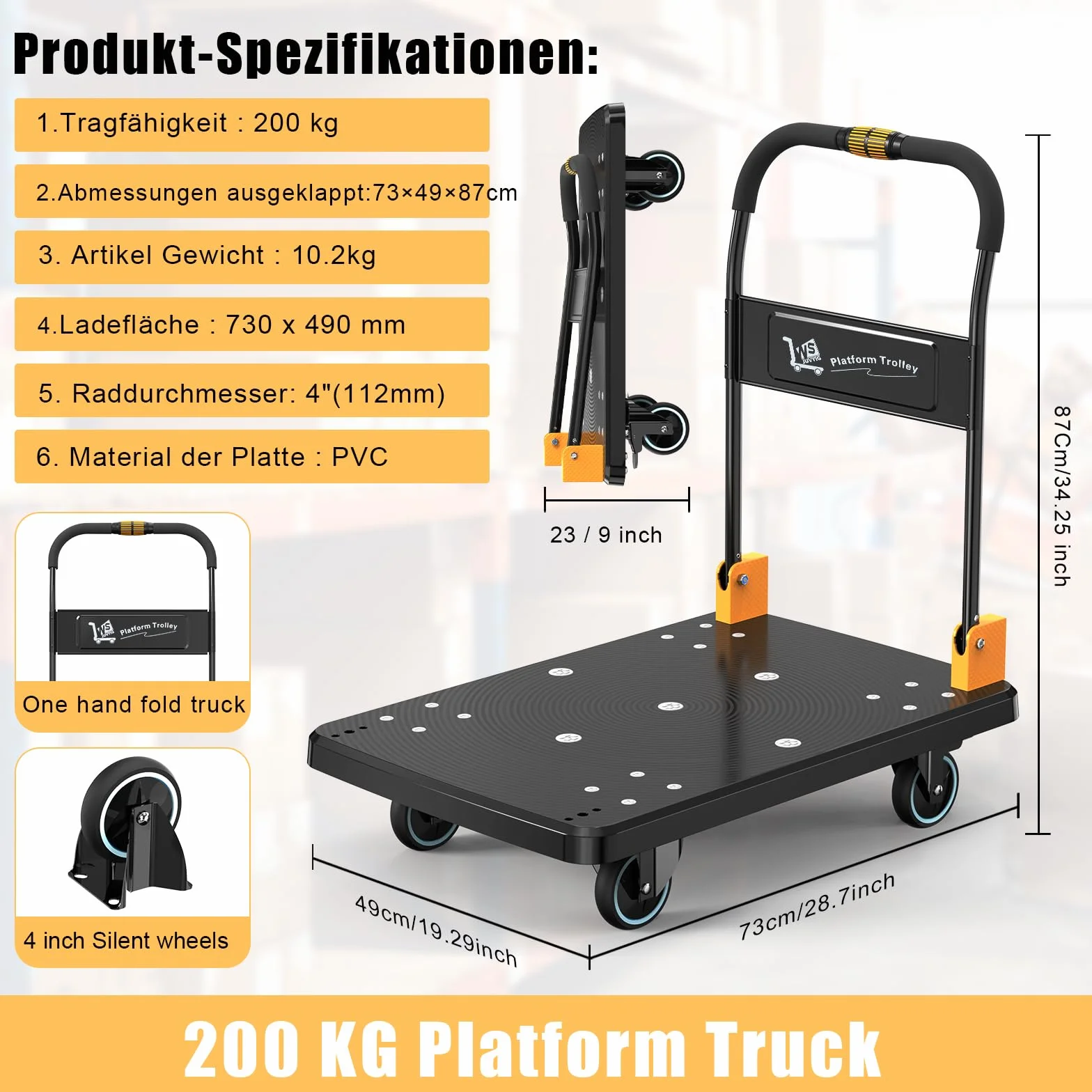 N&S Juvyig - Carrello pieghevole con una sola mano, pieghevole 200 kg