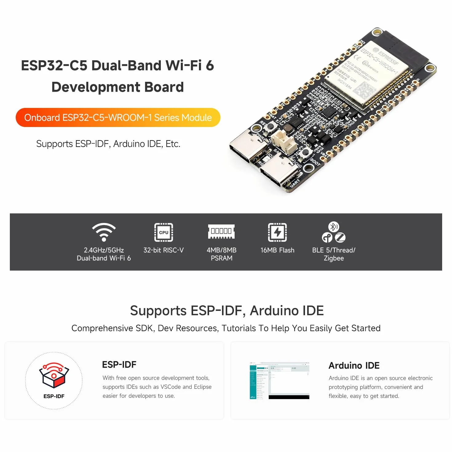 LUCKFOX ESP32-C5-WIFI6 Dual-Band Development Board Kit(with Headers Soldered), 16MB Flash 8MB PStatic RAM, ESP32-C5-WROOM-1 Module with Wi-Fi 6, BT5, Zigbee & Thread for IoT Gateways