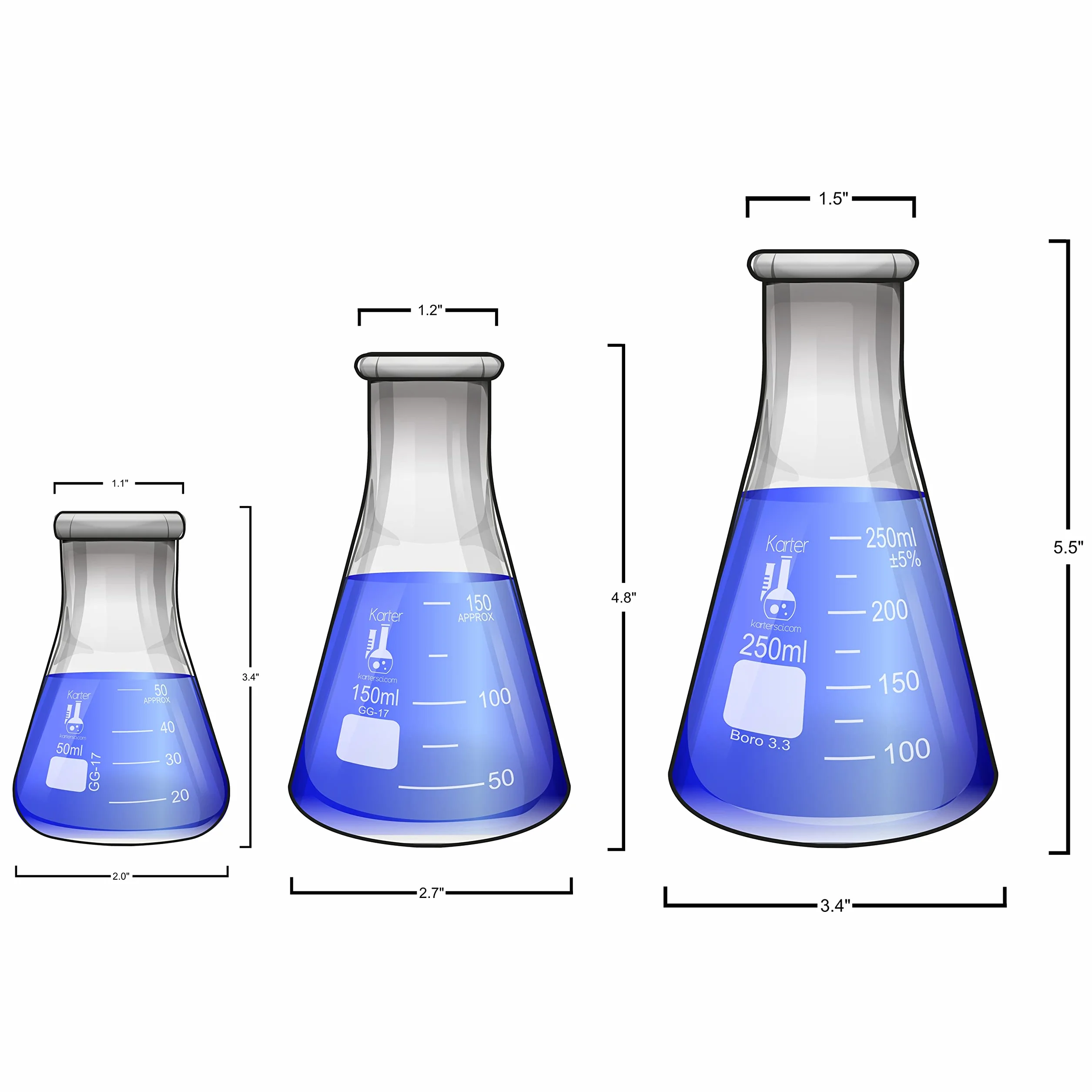 Karter Scientific - Set di flaconi Erlenmeyer in vetro, 3 misure, 50, 150 e 250 ml, 3 misure