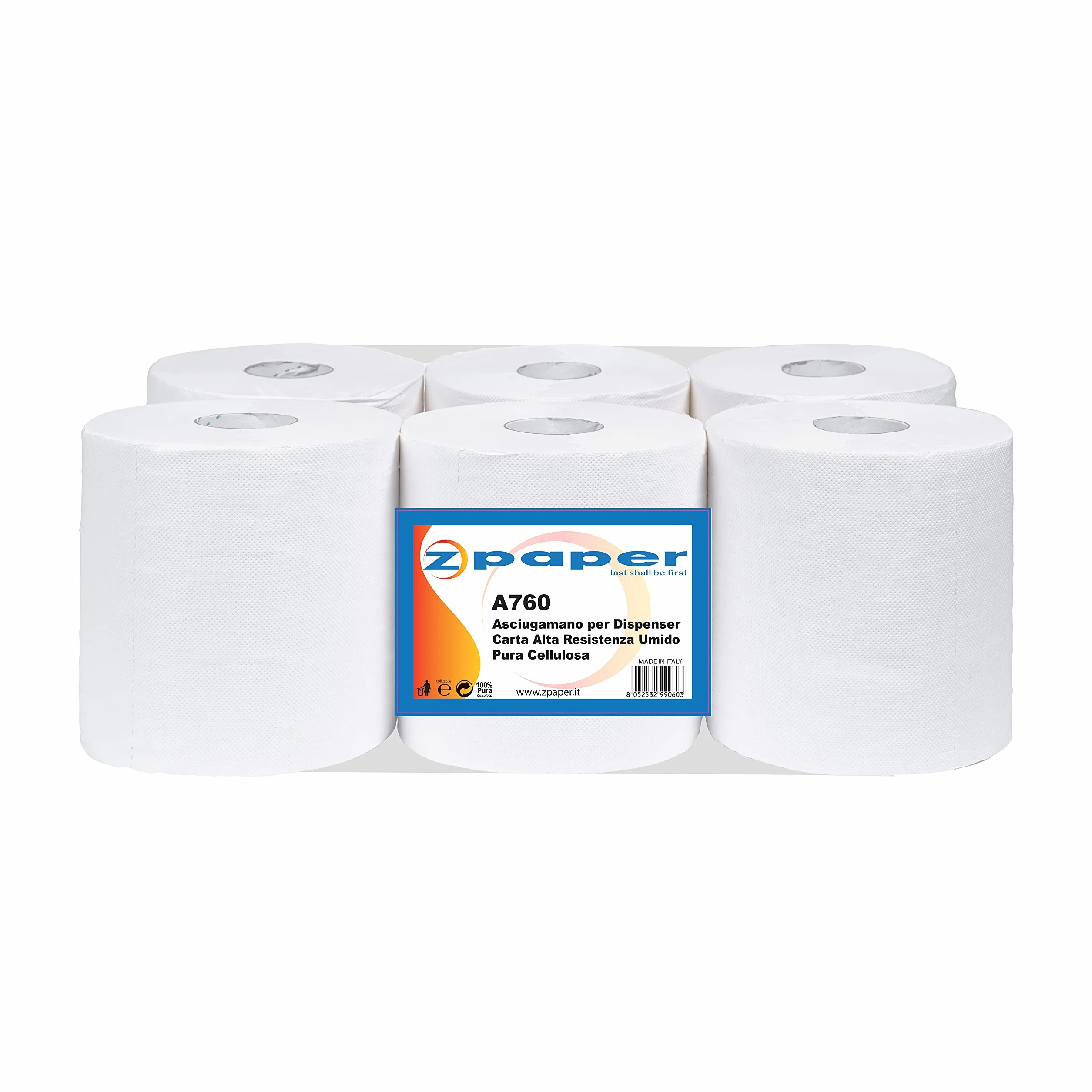ZPAPER 6 Rotoli Asciugamani Autocut 2 veli 150 m alta resistenza umido non perforati