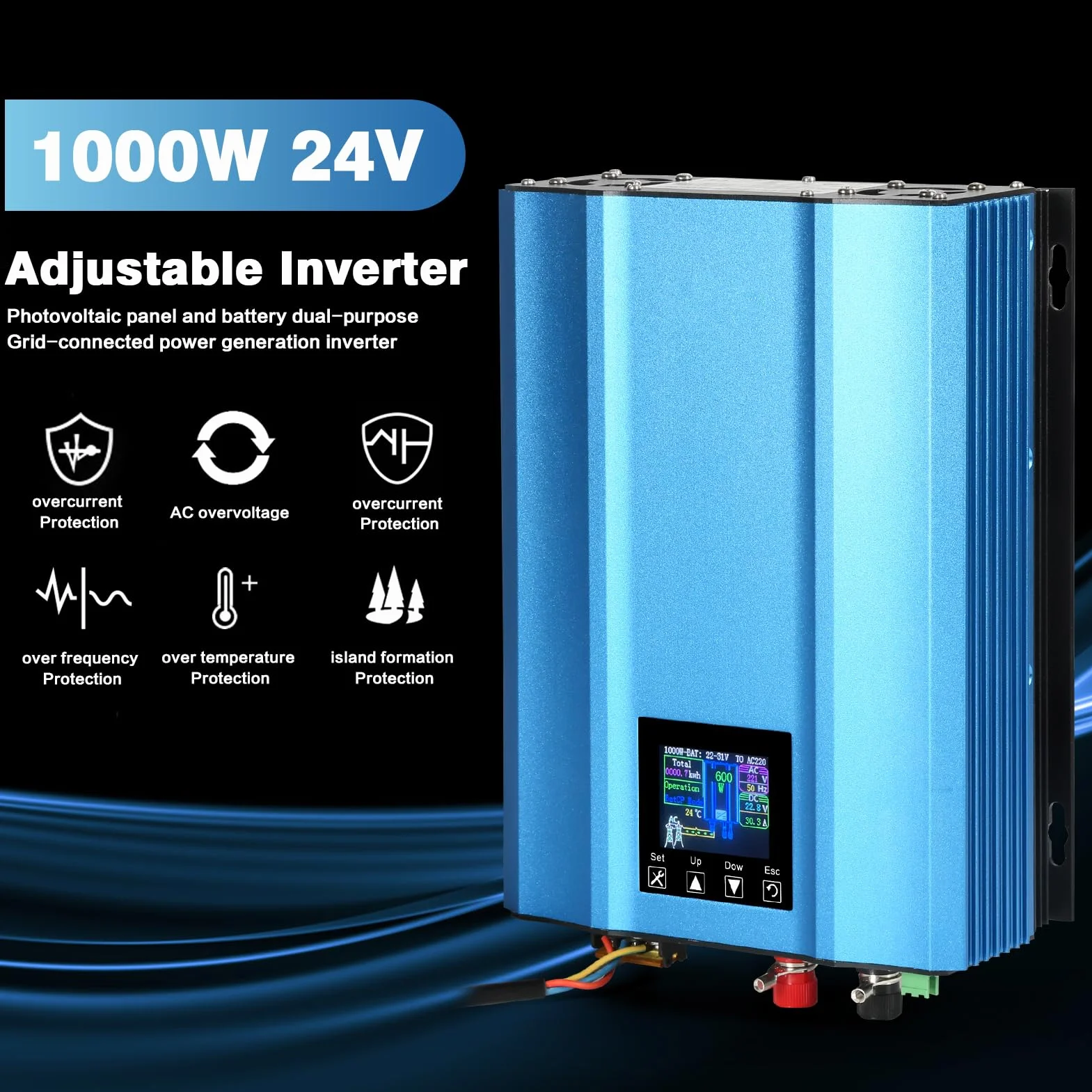DEWIN Solare Inverter 1000W, Micro Inverter Fotovoltaico Inverter Grid Tie MPPT Micro Inverter 1000W Solar Grid Inverter di Rete per Pannelli Solari,Scarico della Batteria a 24V Regolabile AC 220V