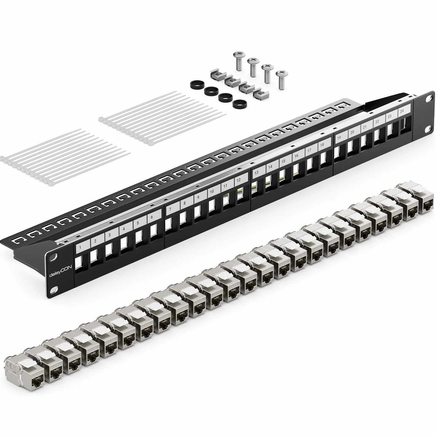 deleyCON 24 Porto CAT7 Pannello Patch SET Campo Delle Patch Campo di Distribuzione Modulare 1 IU 19" Pollici Montaggio Rack + 24x CAT 7 Keystone Moduli RJ45 10 Gbit/s 600 MHz Cavi di Posa Nero