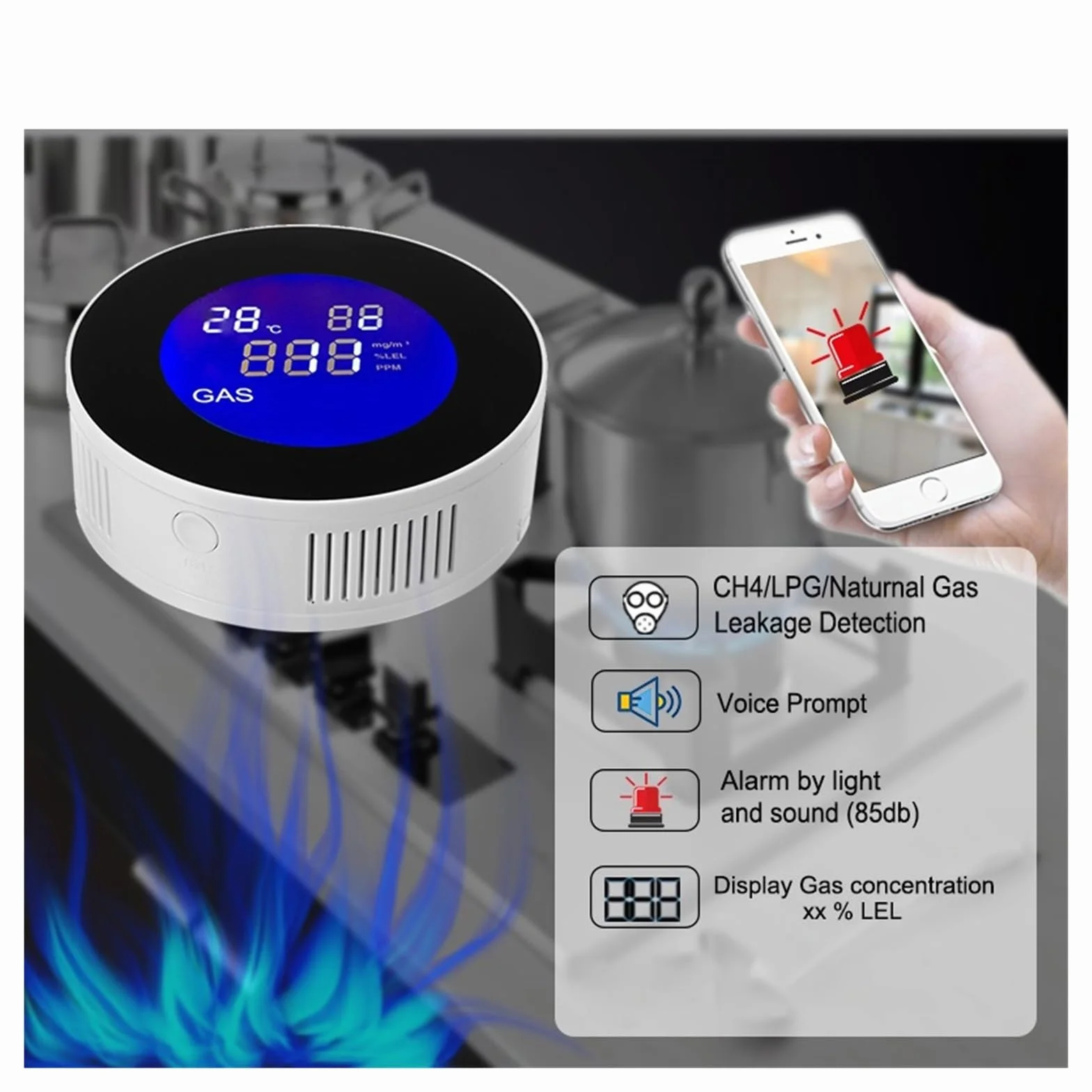 Rilevatore di gas naturale WIFI con elettrovalvola elettrica Controllo intelligente automatico Spegnimento sensore di allarme perdite di metano CH4 Rilevatore Gas(With V15GC Valve)