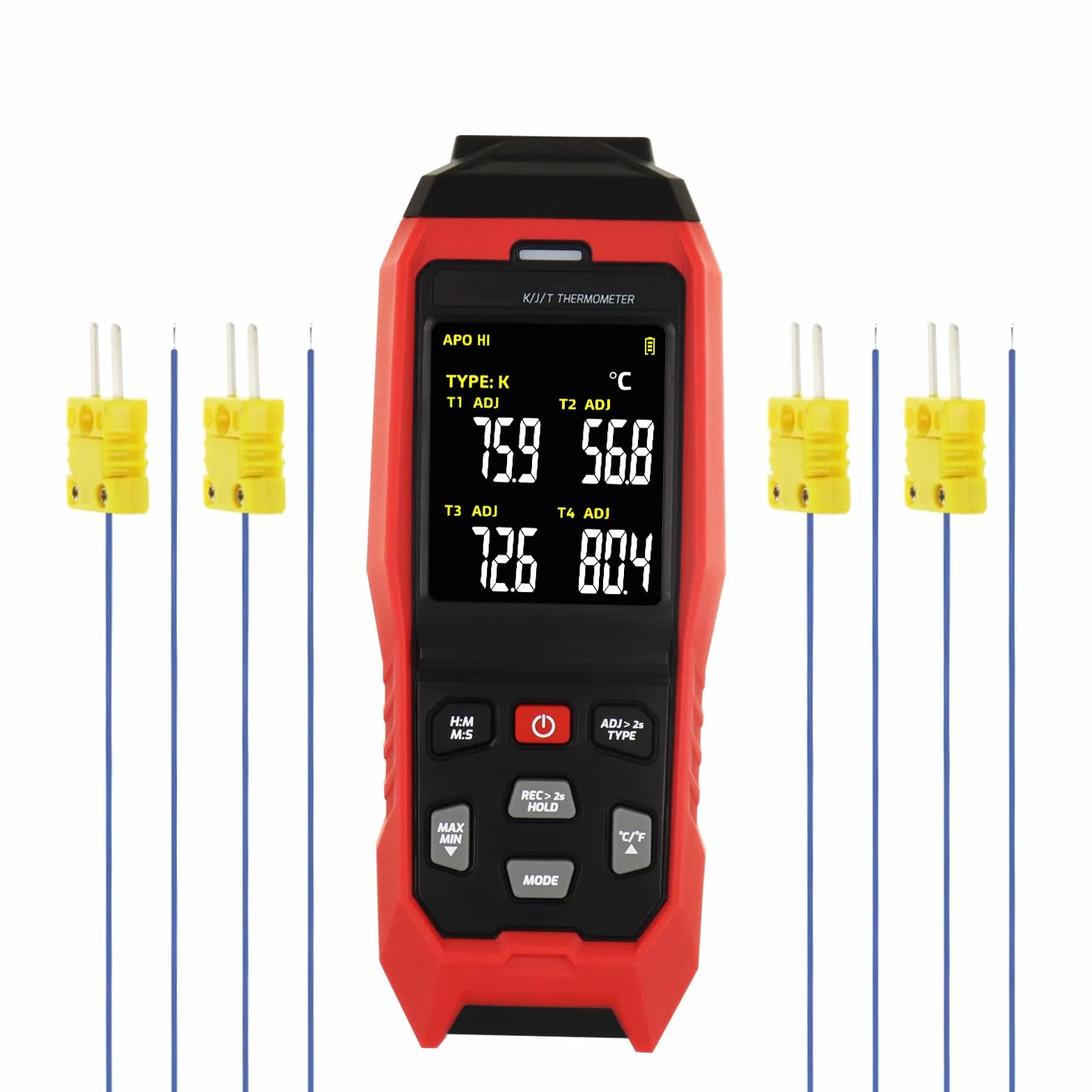 Termometro Datalogger Termocoppia K/J -328~2501°F, Display a 4 Canali, Registrazione Dati in Tempo Reale, Allarme Uditivo e Visivo