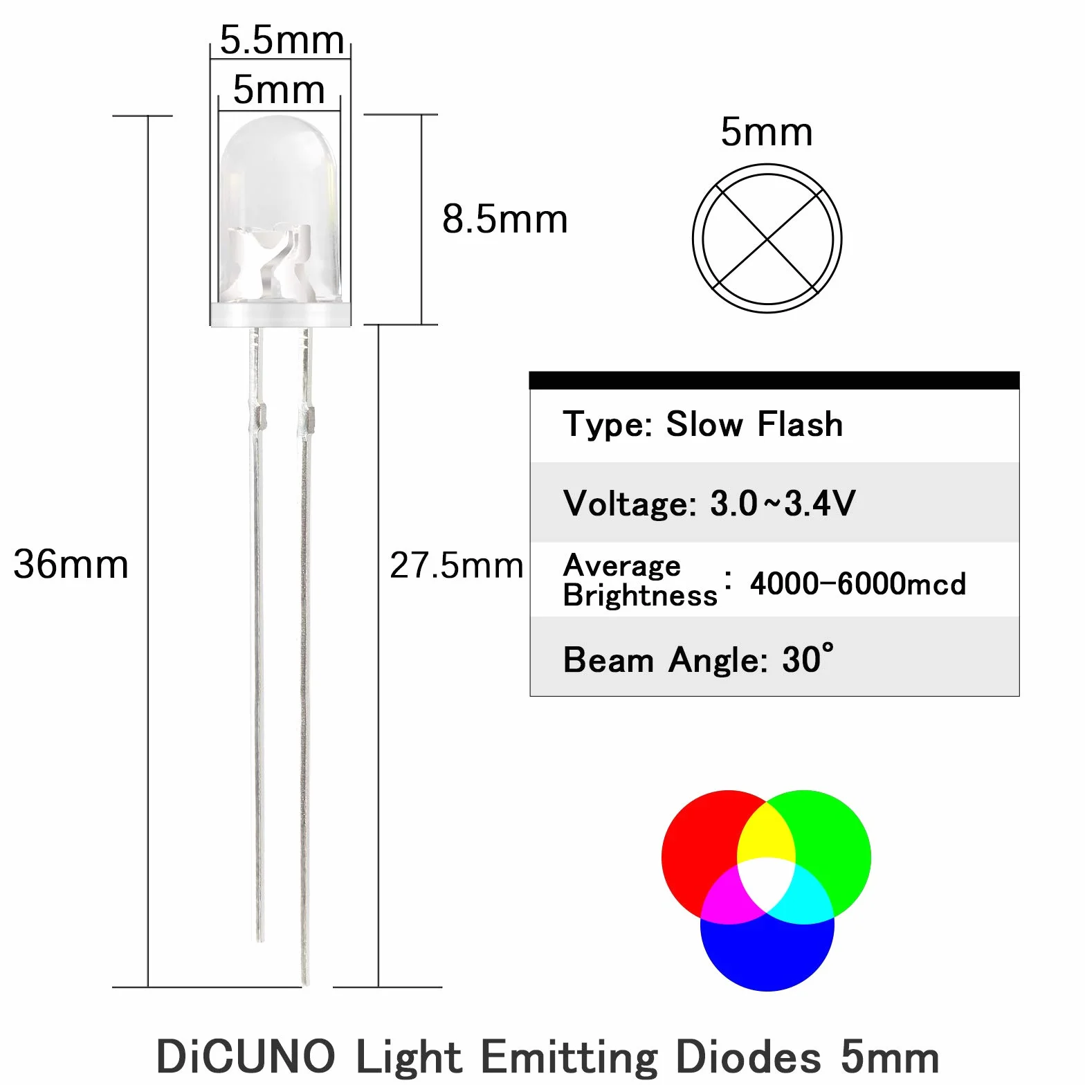 DiCUNO 100PCS 5mm LED diodi, diodi emettitori di luce RGB lampeggianti lenti, multicolore 5MM RGB vari LED 3.0-3.4 V, 20m