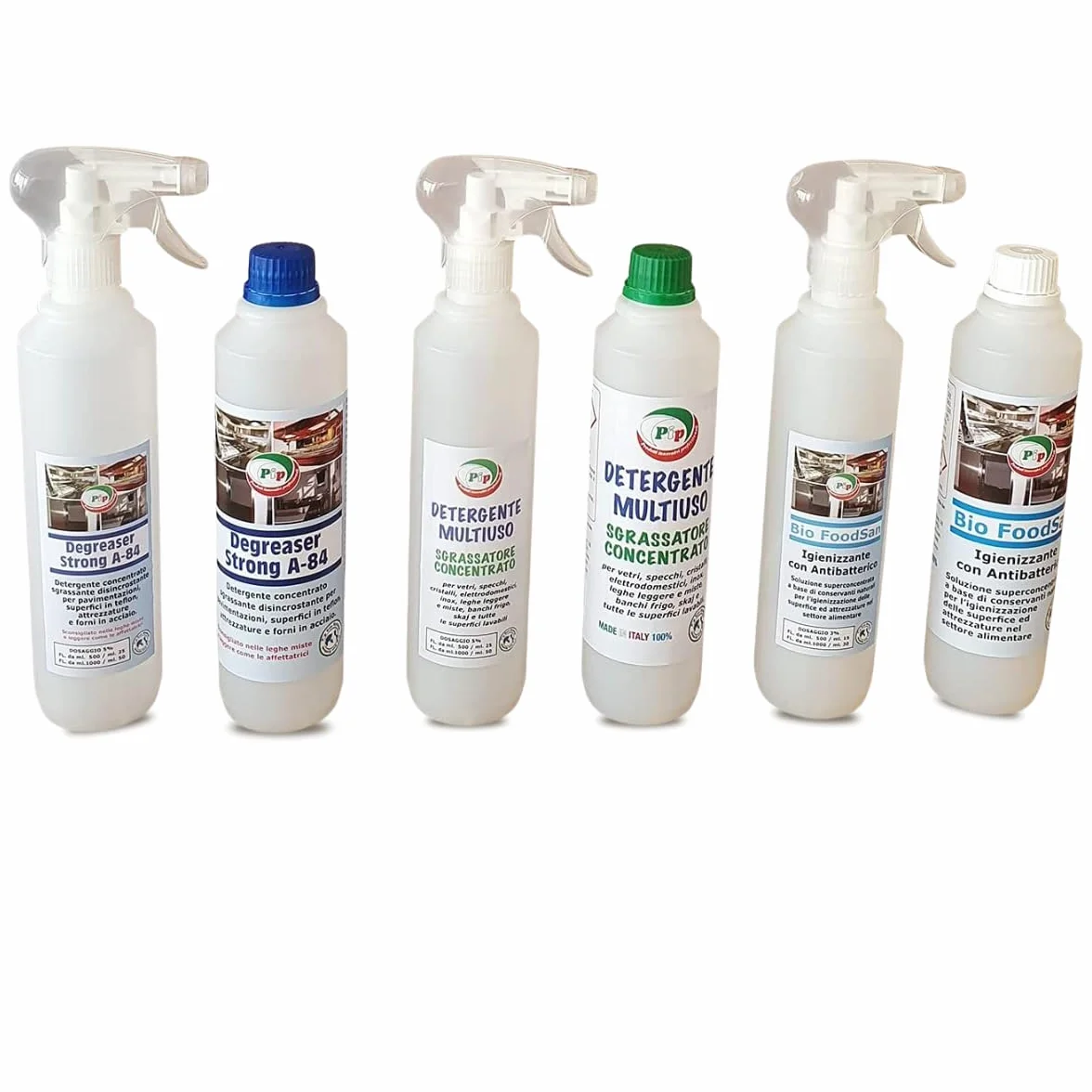 PIP Set Detergente Concentrato Tris HACCP - Sgrassatore Degreaser Strong A-84 + Igienizzante Foodsan Alimenti + Detergente Universale Multiuso, Pulizia, Sanificazione, Disincrostazione
