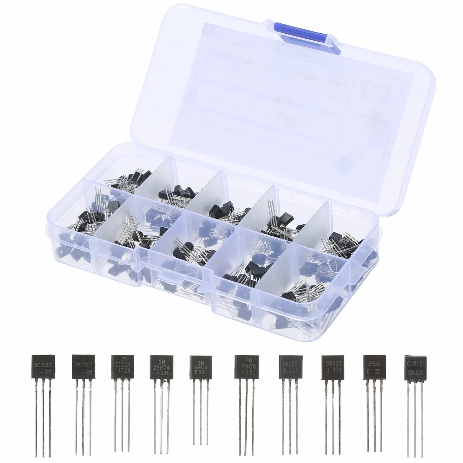 Kit di 200 transistor di potenza NPN PNP BC337 BC327 2N2222 2N2907 2N3904 2N3906 S8050 S8550 A1015 C1815 per progetti elettronici fai da te riparazione veicoli