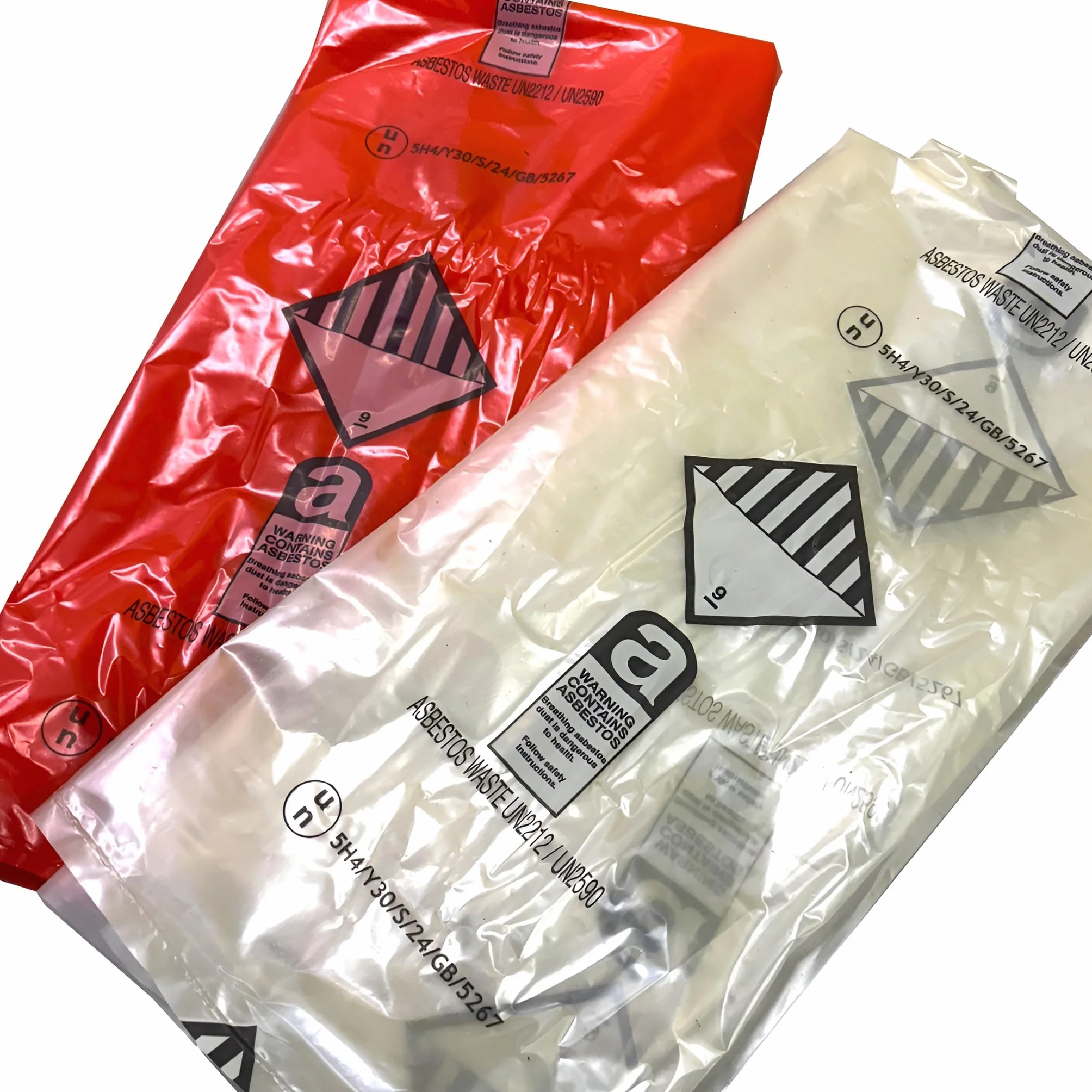Sacchetti per rifiuti di amianto resistenti, 120 x 90 cm, contrassegnati UN2212/UN2590, capacità 30 kg, confezione da 5, resistenti agli strappi, colore: rosso e trasparente (5)