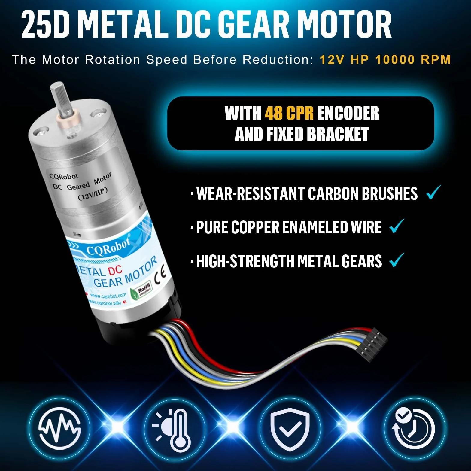 CQRobot 98.78:1 HP Metal DC Geared Motor 25Dx68.5L mm 11W 12V 48 CPR Encoder 100 RPM 21 kg.cm D-Shaped Output Shaft 4 mm