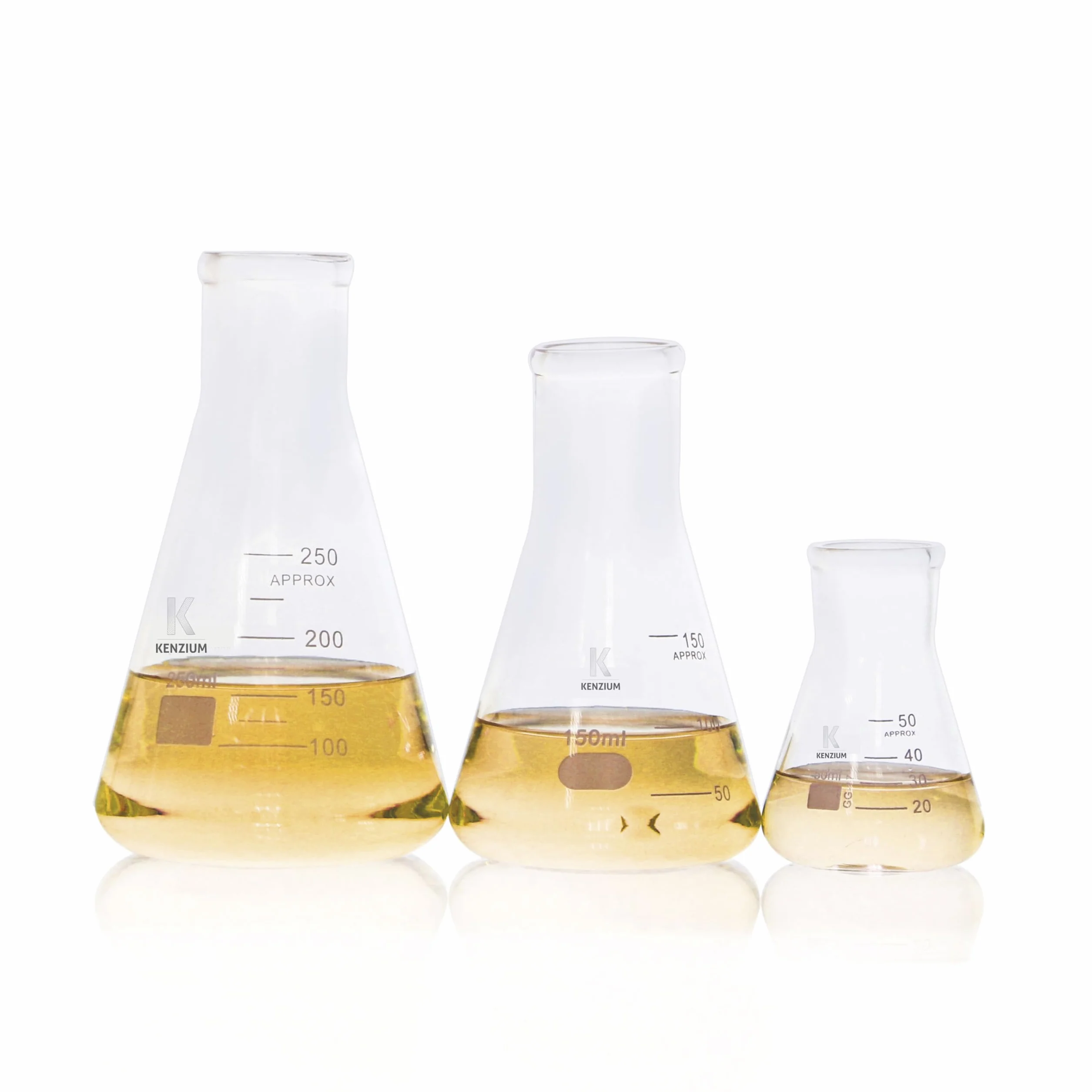 KENZIUM - Pack 3 x Beuta Erlenmeyer | Formati: 50 ml, 150 ml e 250 ml | Vetro Borosilicato 3.3 | Graduazione Stampata | Collo Stretto | Ideale Laboratorio, Scuola