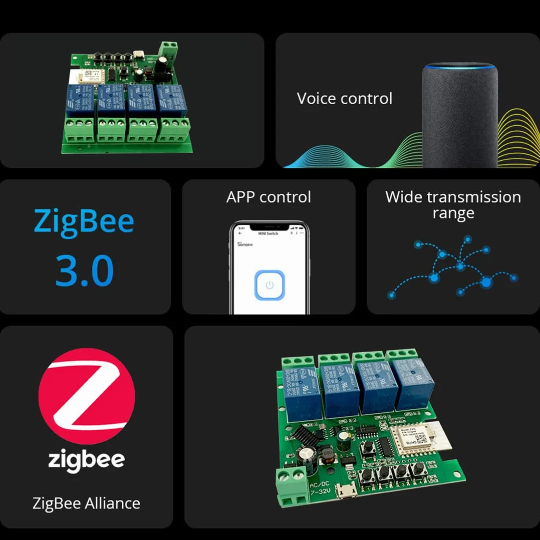 Modulo relè Zigbee Tuya Smart 4CH DC5V 7-32V RF433Mhz Interruttore della luce di controllo remoto Funziona con Alexa Home