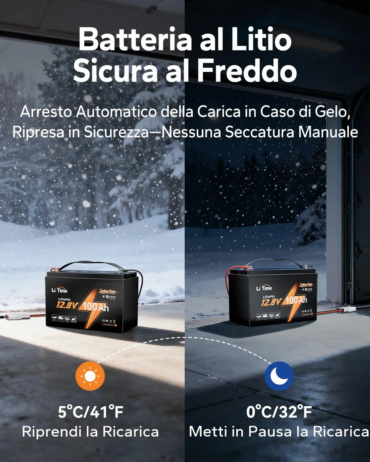 LiTime Batteria al Litio 12V 100Ah per Barche, Batteria LiFePO4 con Protezione Bassa Temperatura, 4000-15000 Cicli Profondi, Energia 1280Wh, Perfetta per Motori da Traina, Nautico, Yacht