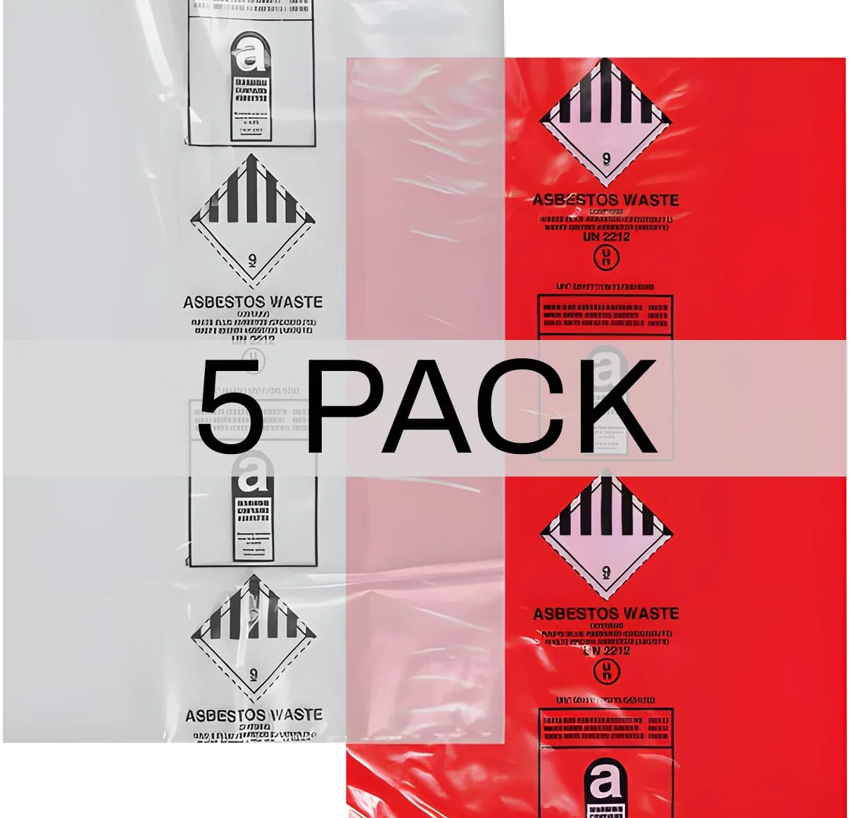 Sacchetti per rifiuti di amianto resistenti, 120 x 90 cm, contrassegnati UN2212/UN2590, capacità 30 kg, confezione da 5, resistenti agli strappi, colore: rosso e trasparente (5)