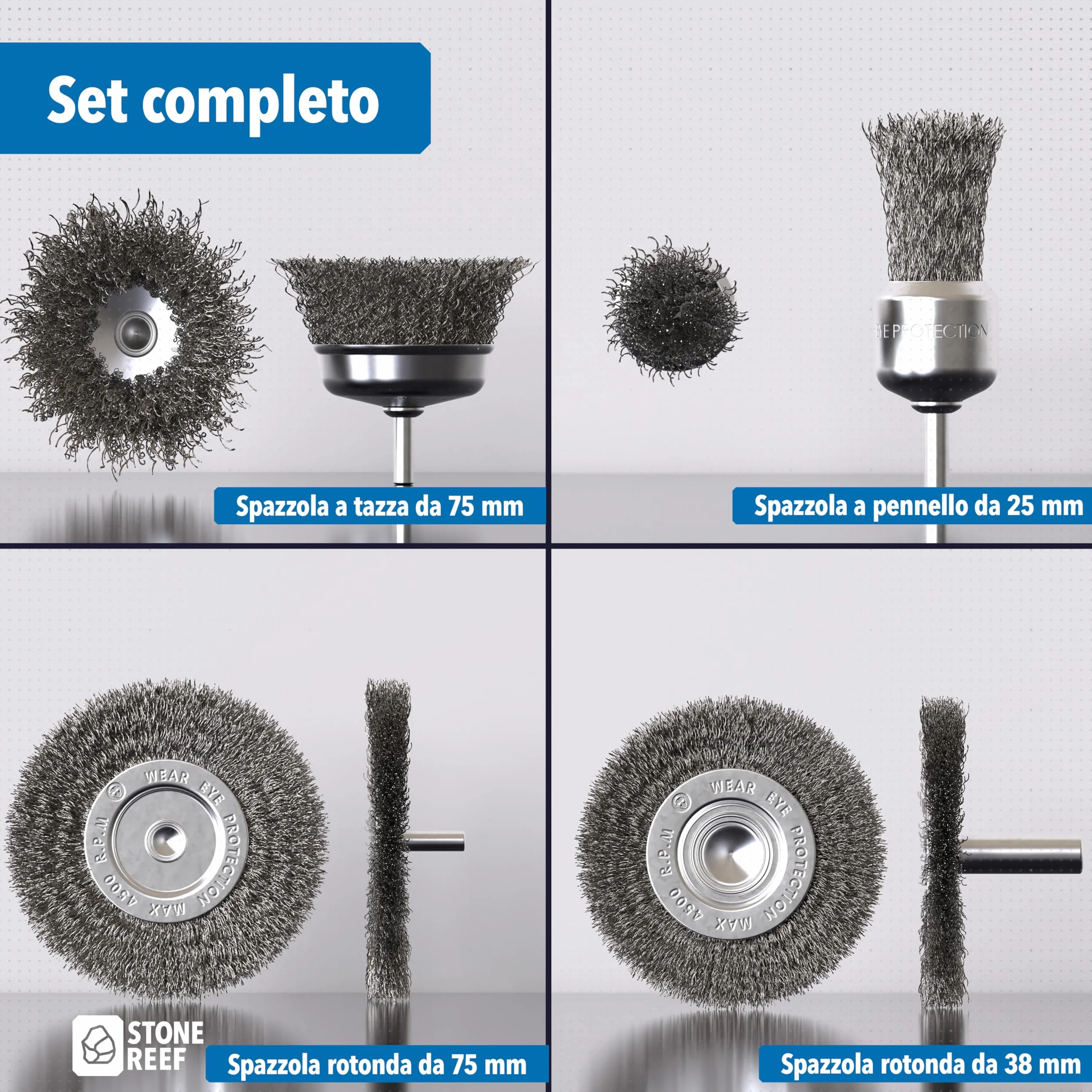 STONE REEF Set di 5 spazzole metalliche, fusto rotondo da 6 mm, trapani, avvitatore a batteria, accessori universali per la lavorazione della superficie, ideale per rimuovere la ruggine e rimuovere