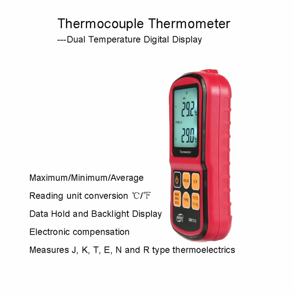 ThreeH Termometro digitale a doppio canale LCD retroilluminato con sonde termocoppia tipo K per K/J/T/E/R/S/N