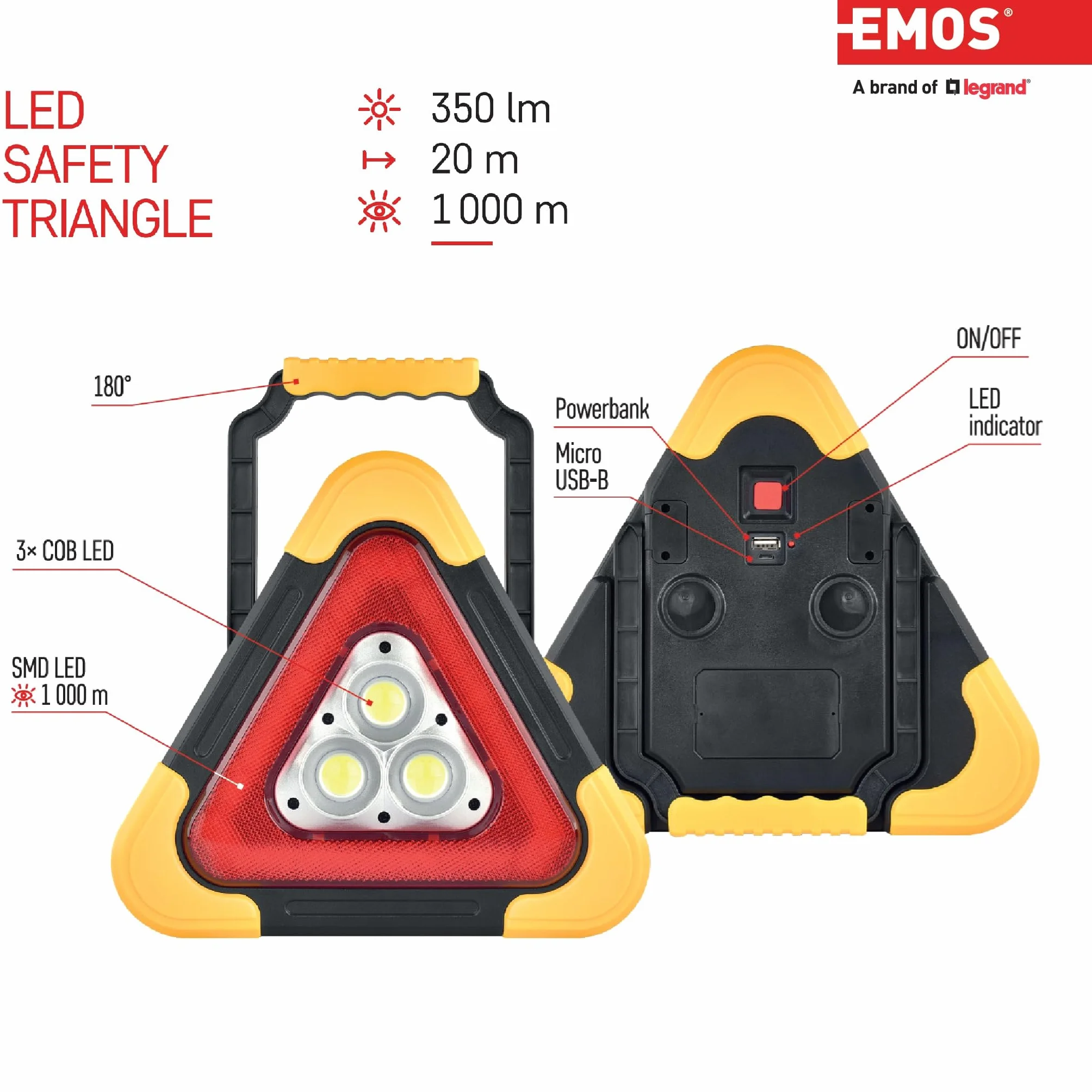 EMOS - Triangolo di avvertimento LED ricaricabile con 5 modalità di illuminazione incluse batteria e cavo di ricarica USB - Lampada di emergenza multifunzione con funzione power bank e indicatore LED