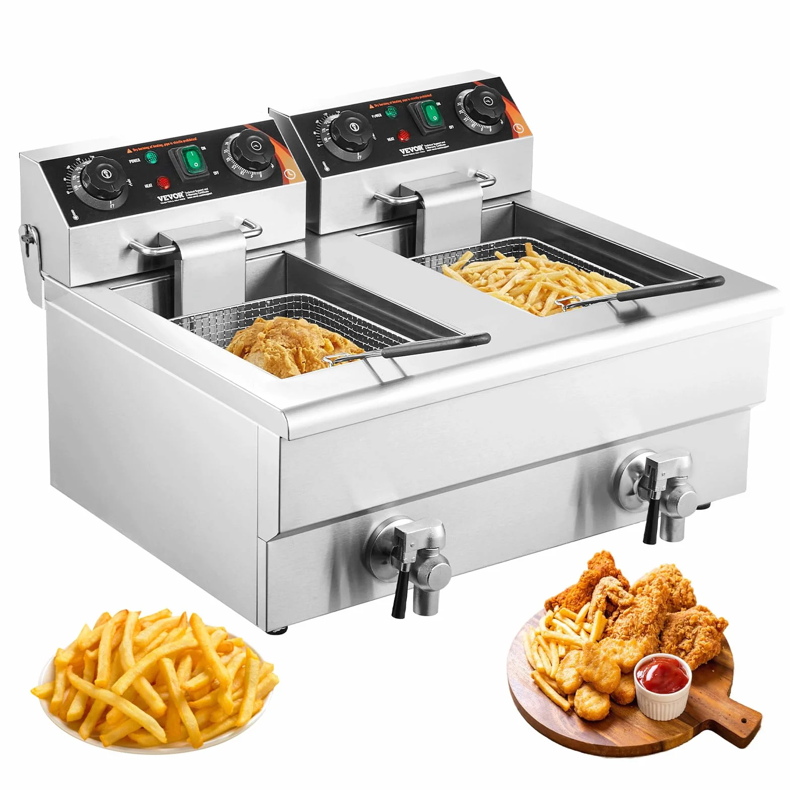 VEVOR Friggitrice Commerciale, Elettrica Doppia Vasca 2 x 11 L Friggitrice Commerciale 2 x 3000W in Acciaio Inossidabile con Filtraggio dell'Olio da Cucina, Controllo Tempo Temperatura