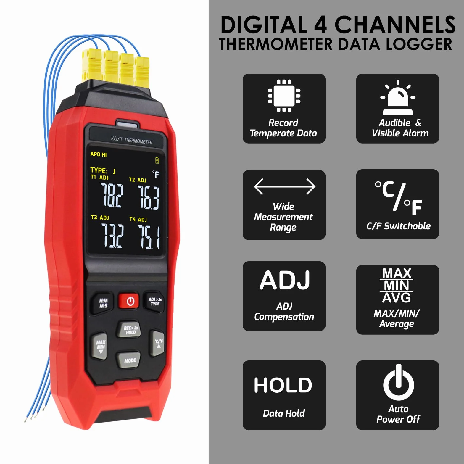 Termometro a Termocoppia Digitale Data Logger 4 Canali tipo K/J/T -200~1372°C Misuratore di Temperatura con Allarme