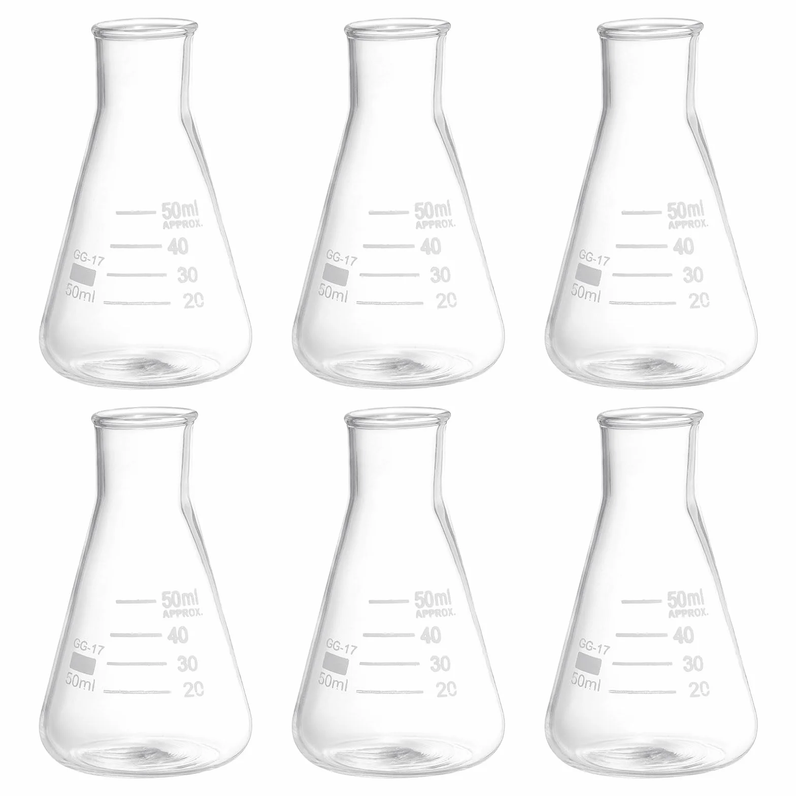 PATIKIL Ampolla Erlenmeyer, 6pz 50ml Ampolle a Bocca Stretta in Vetro Borosilicato con Graduazione Stampata per Laboratorio, Sperimentazione, Chimica, Studio Scientifico