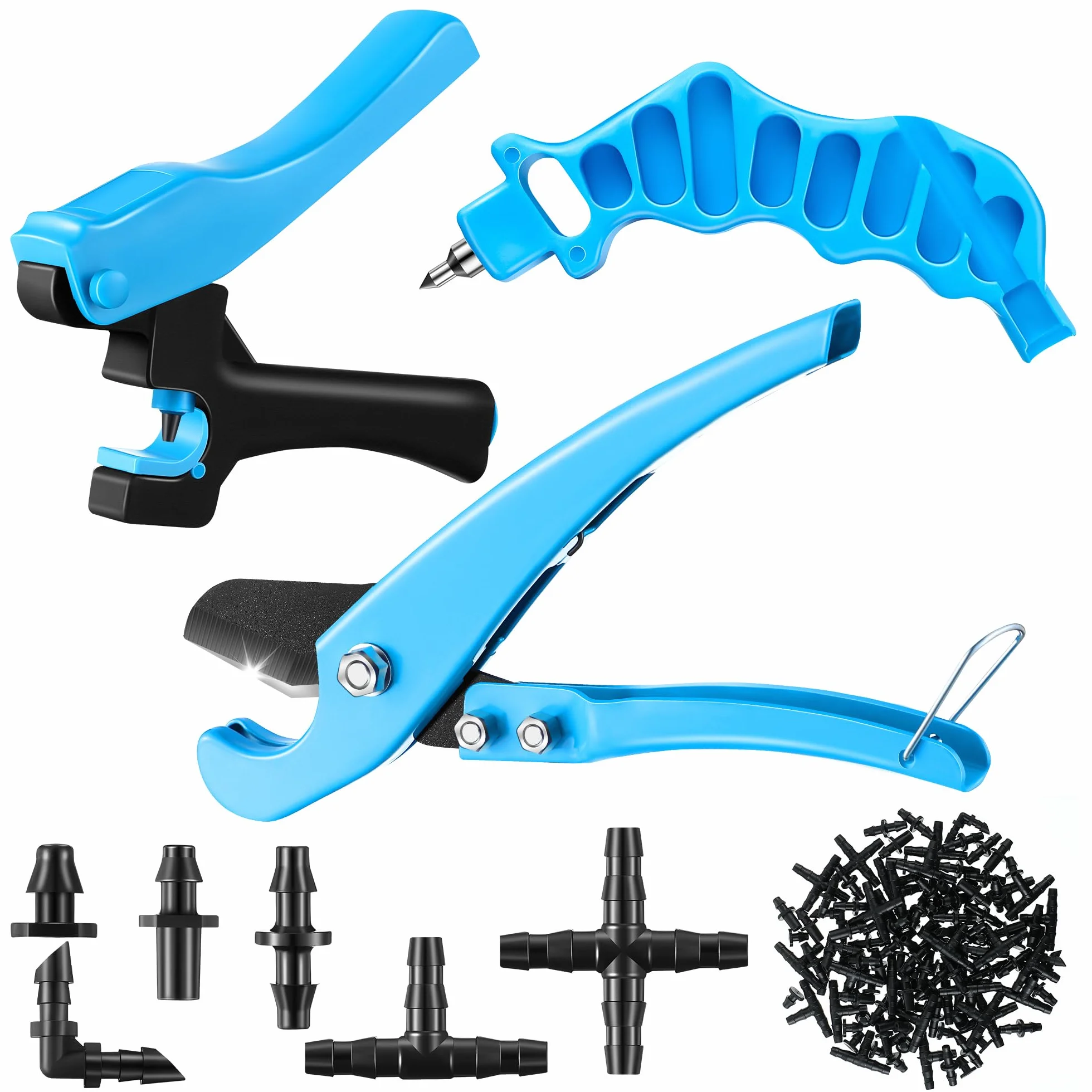 Feekoon Perforatore per irrigazione a goccia per tubi con connettori spinati, perforatore per tubi a goccia 2 in uno per raccordi da 1/4 di pollice 16 20 25 mm PE ed emettitore (115 tappi di