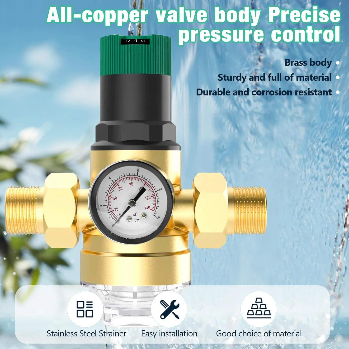 Riduttore Di Pressione Acqua 3/4, Regolatore Di Pressione Acqua Con Manometro Acqua E Filtro A Rete, Riduttore Pressione Acqua In Ottone Per La Regolazione Della Pressione Dell'Acqua (Ottone)