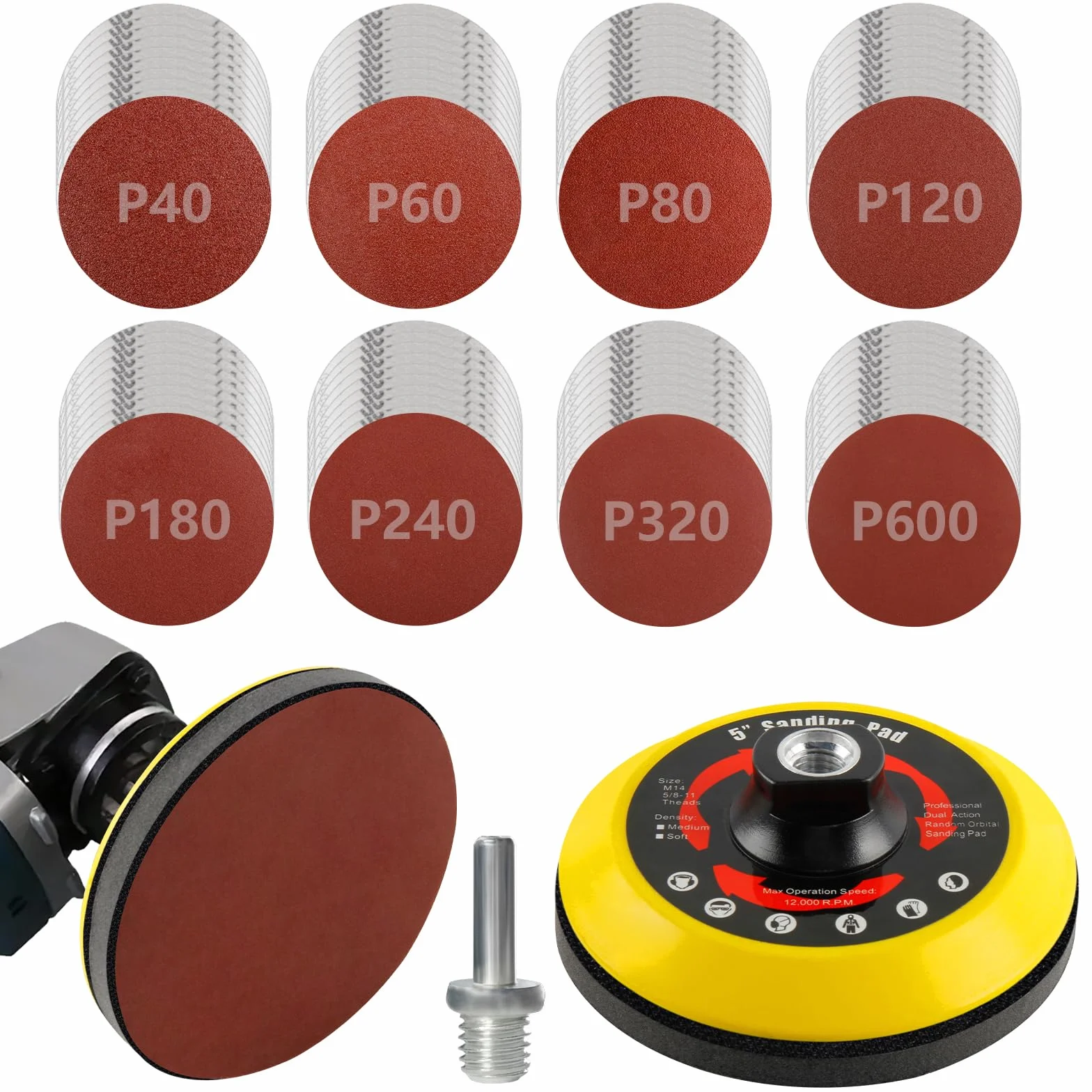 Set di 120 dischi abrasivi, 125 mm, per smerigliatrice angolare, grana 40/60/80/120/180/240/320/600, carta vetrata con piastra M14, tampone lucidante