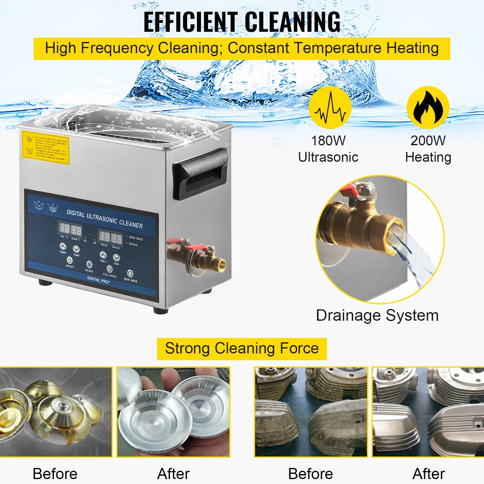 VEVOR Pulitore ad Ultrasuoni 6L Pulitore ad Ultrasuoni Professionale a Doppia Frequenza 28/40 KHZ Dispositivo di Pulizia Ultrasonica con Vasca in Acciaio Inox per Gioielli Occhiali Orologio Dentino