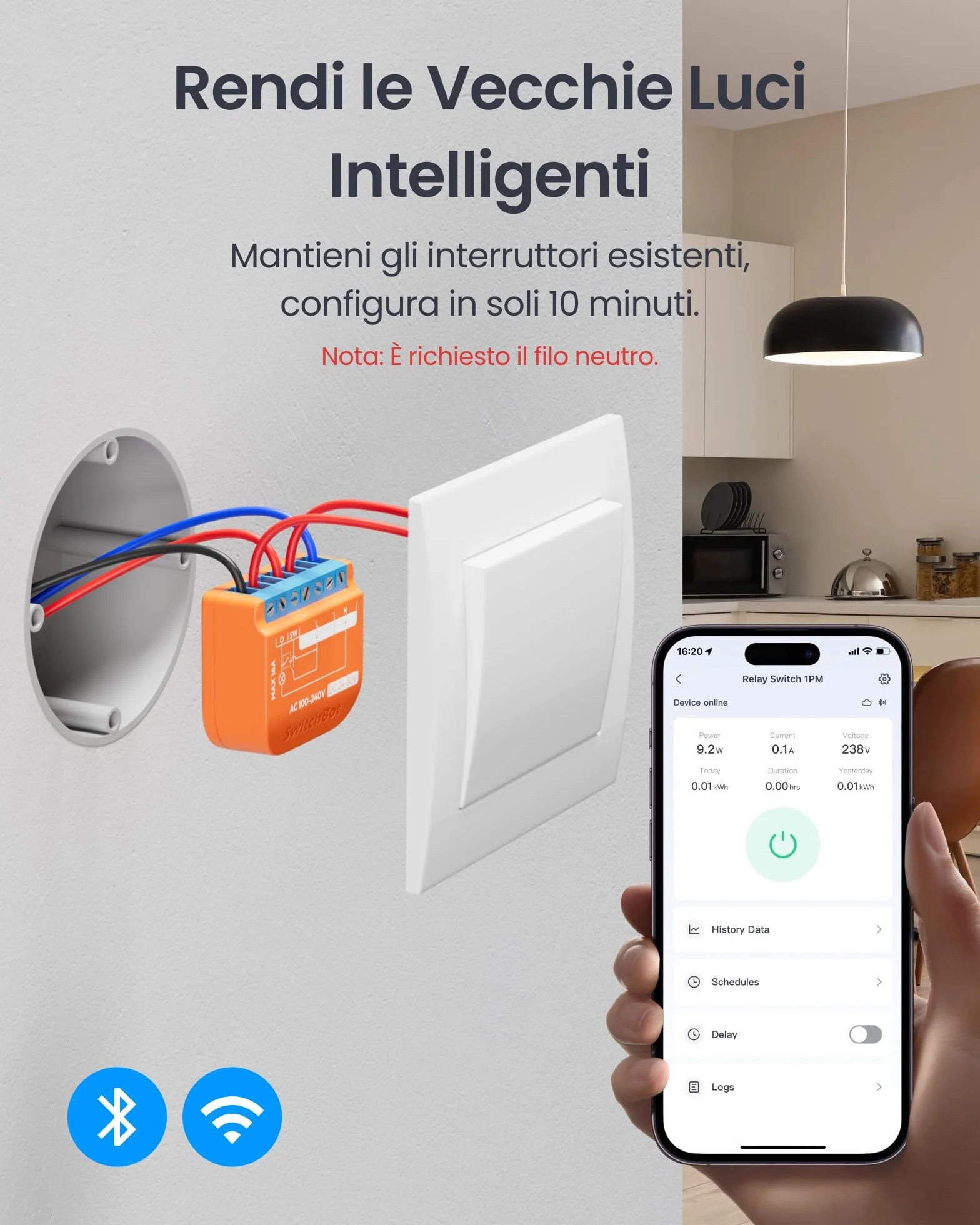 SwitchBot Smart Relay Switch 1PM Intelligente con Ripetitore Bluetooth Integrato, Interruptore Wi-Fi & Bluetooth Compatibile con Alexa/Apple Home/Google Home, Interruttore Relè 1PM 16A Confezione da 2