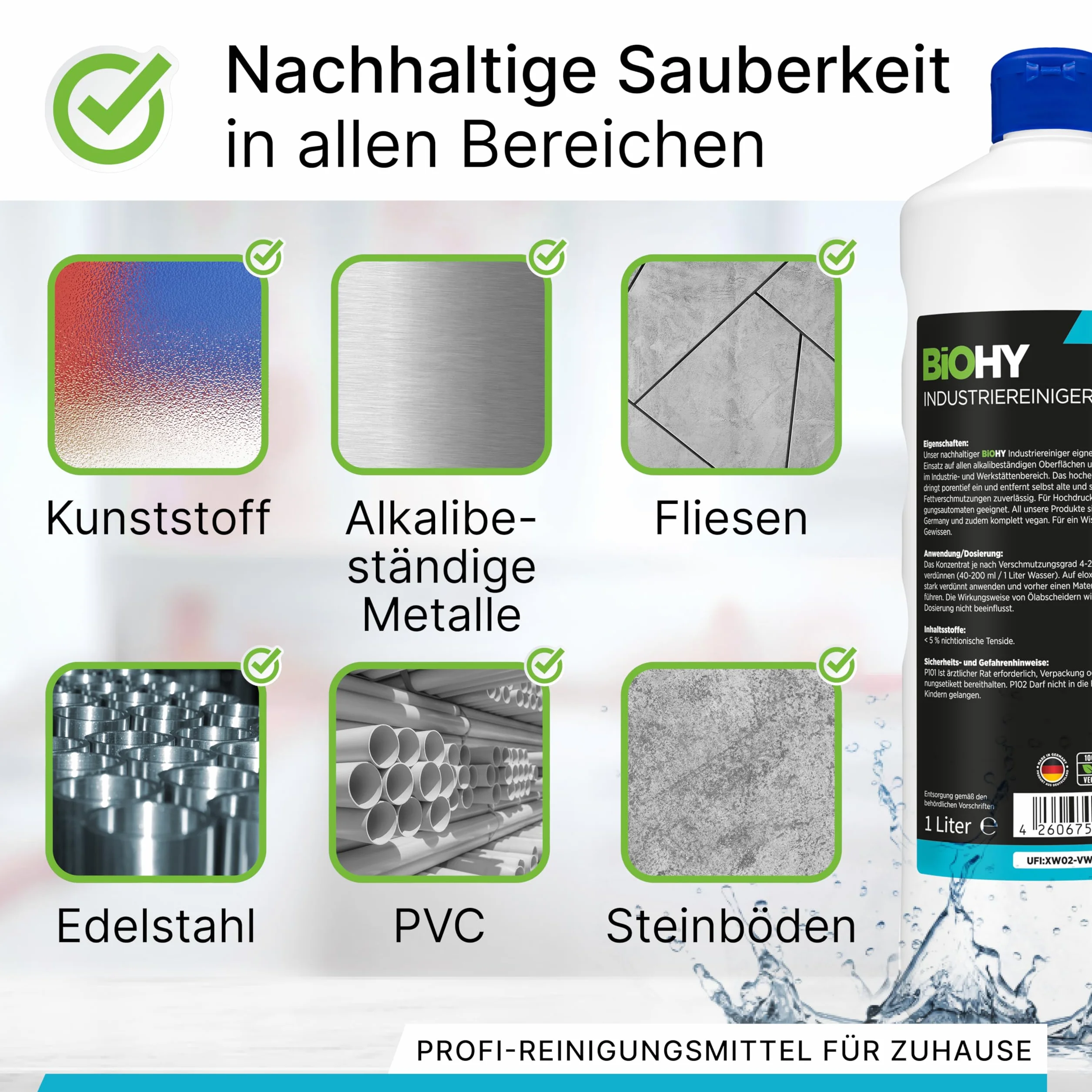 BiOHY Detergente industriale (Bottiglia da 500ml) | detergente per officina | contro grassi e oli | ideale per metallo, plastica, vetro, utensili senza schiuma e striatura (Industriereiniger)